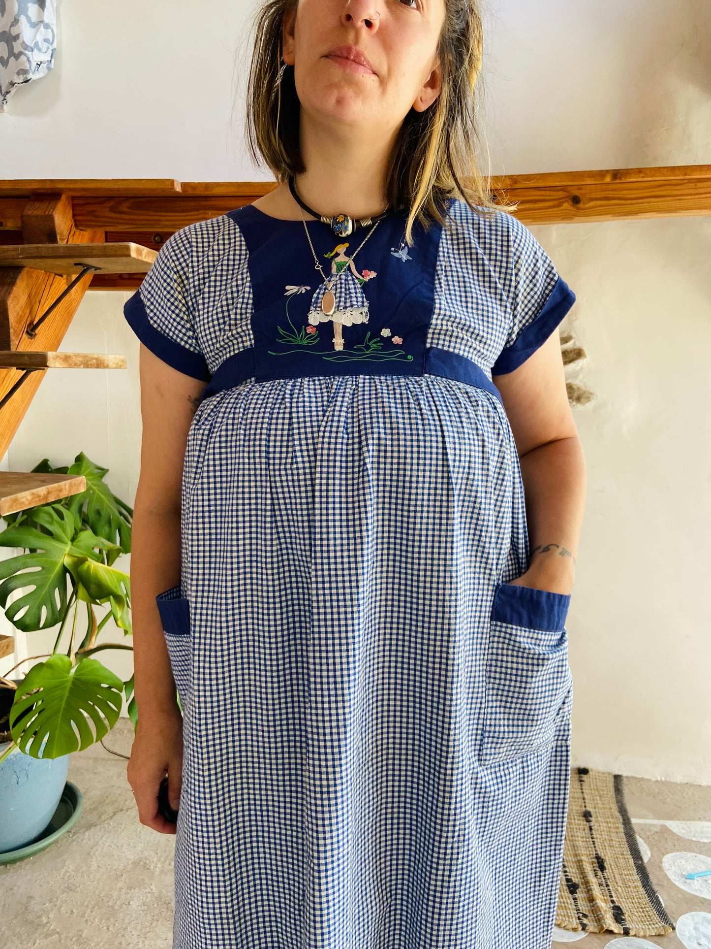 VINTAGE 70's Blue Embroidered Gingham Midi Dress - S/M
