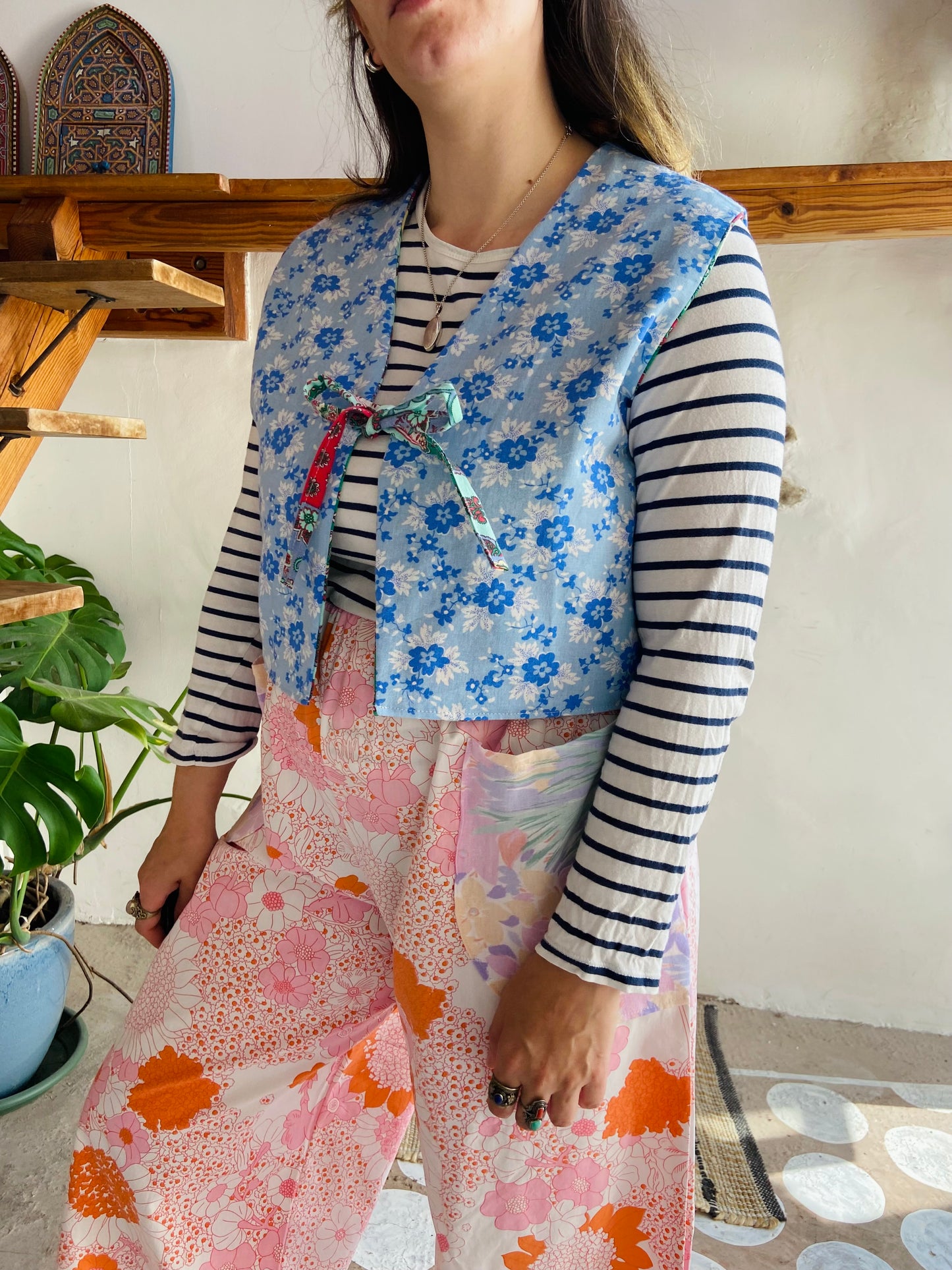 DESERT FOX Patchwork Provencal & Blue Floral Reversible Waistcoat - S/M