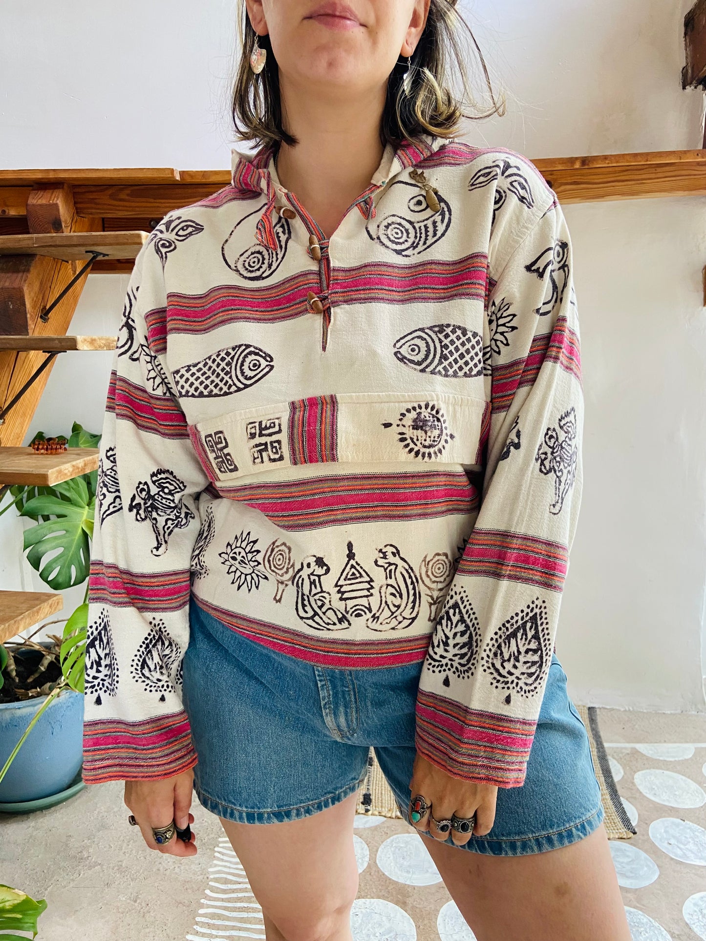 VINTAGE 90’s Hippie Stripe Peruvian Hooded Top - M