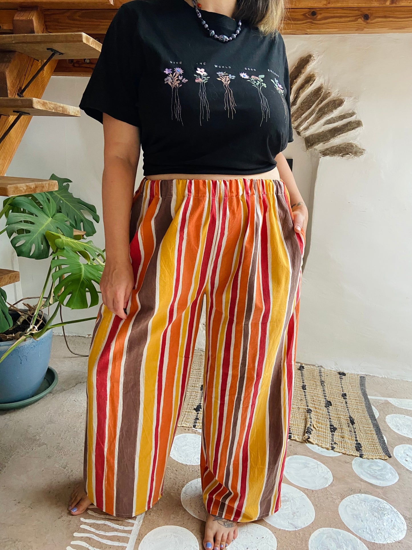 DESERT FOX Autumn Orange Stripe Wide Leg Trousers - M/L