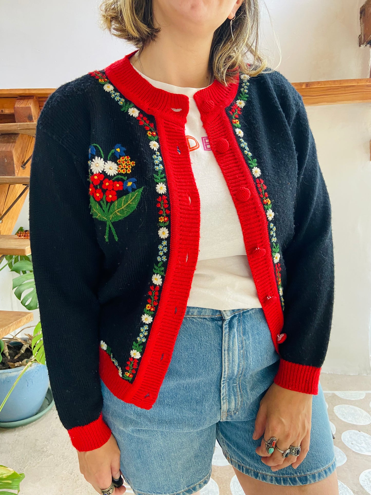 VINTAGE 70’s Floral Embroidered Knit Cardigan - S/M