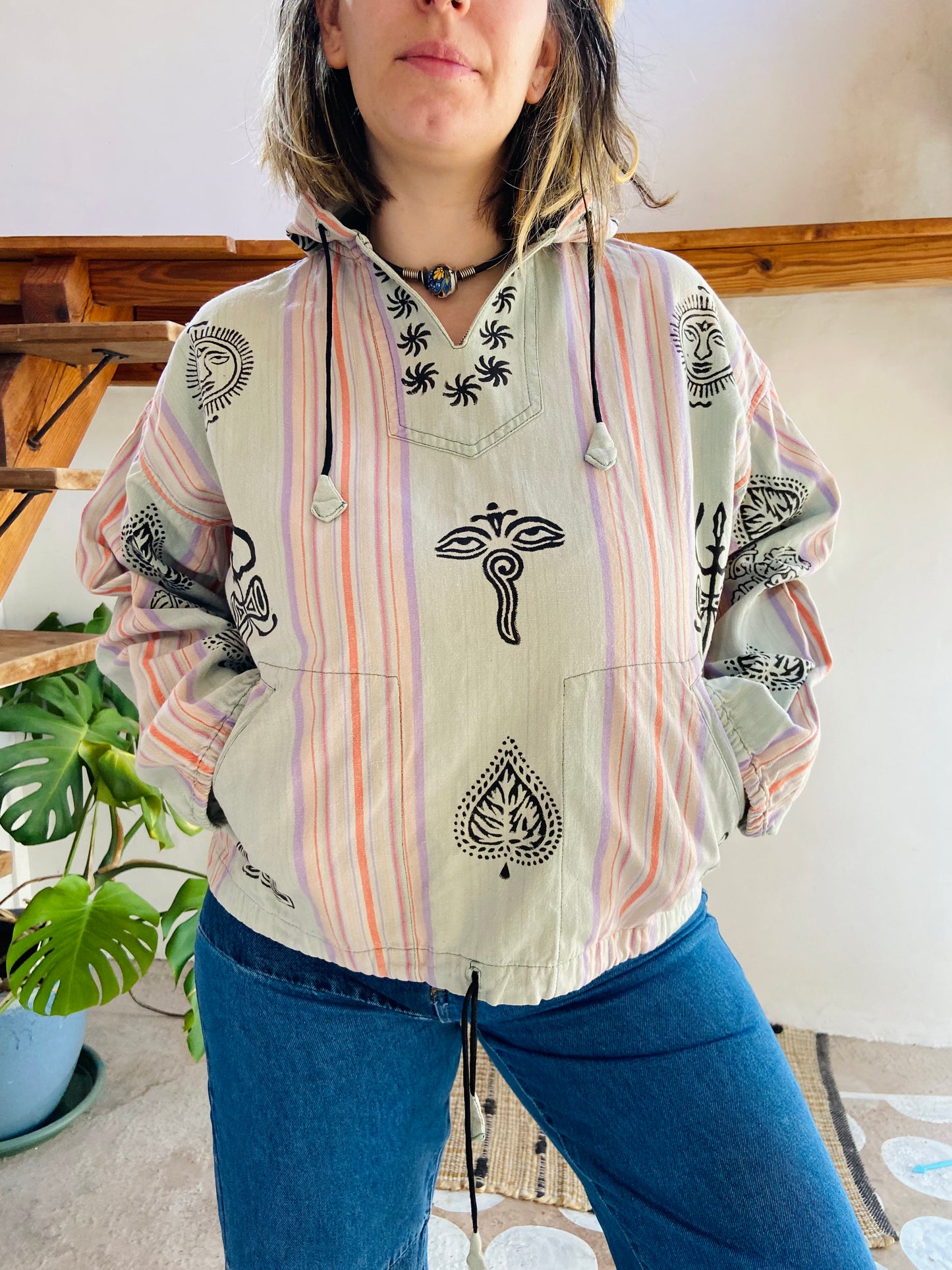VINTAGE 90's Hippie Batik Long Sleeve Hooded Top - M/L