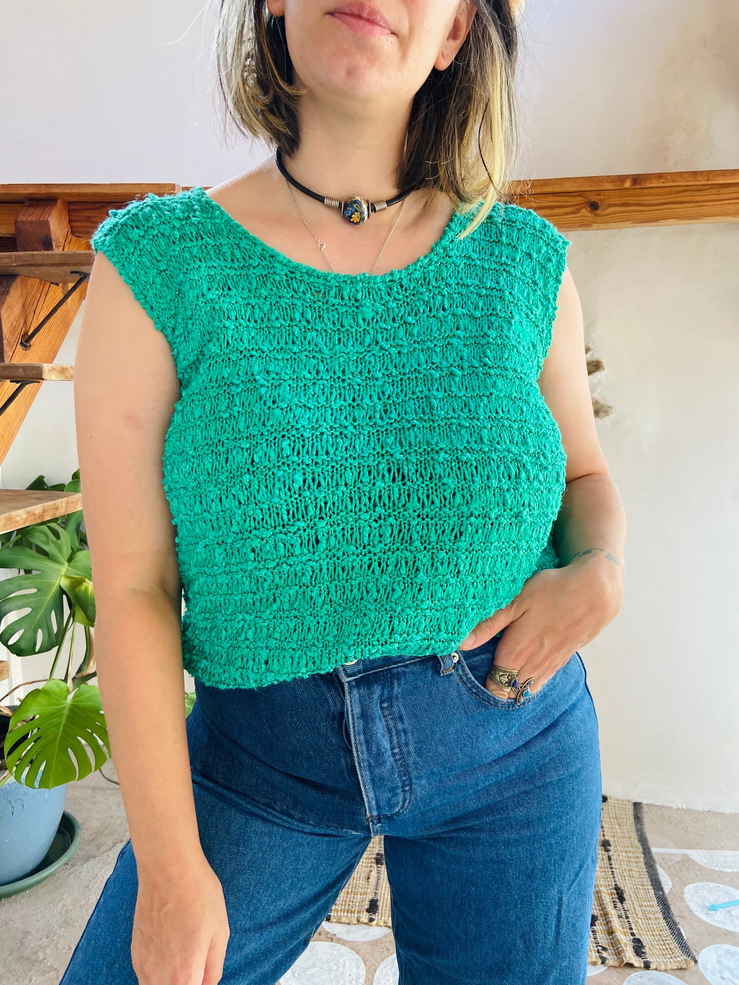 VINTAGE 80's Green Knitted Sleeveless Top - M/L