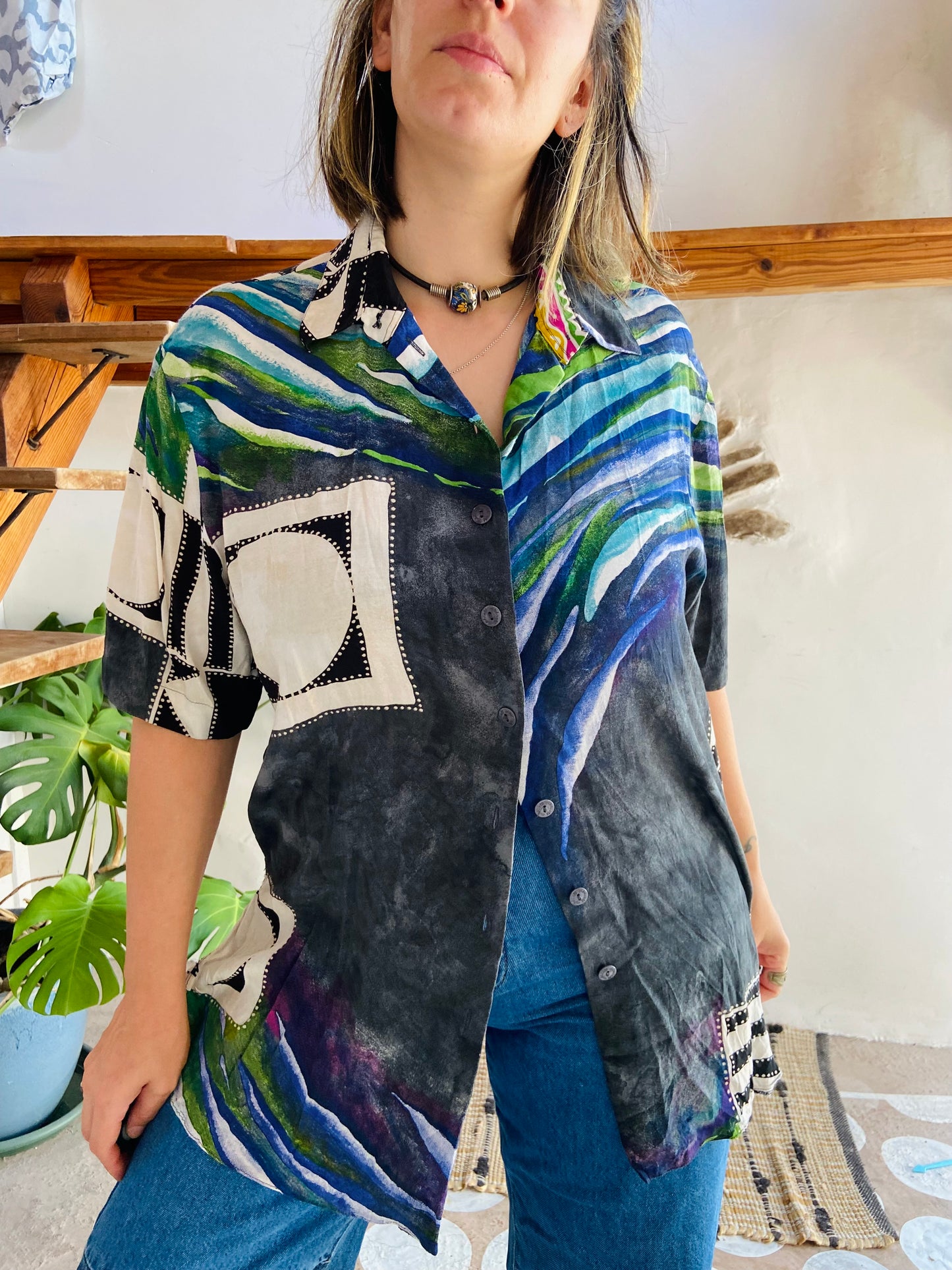 VINTAGE 90's Funky Bohemian Patterned Short Sleeve Shirt - M/L