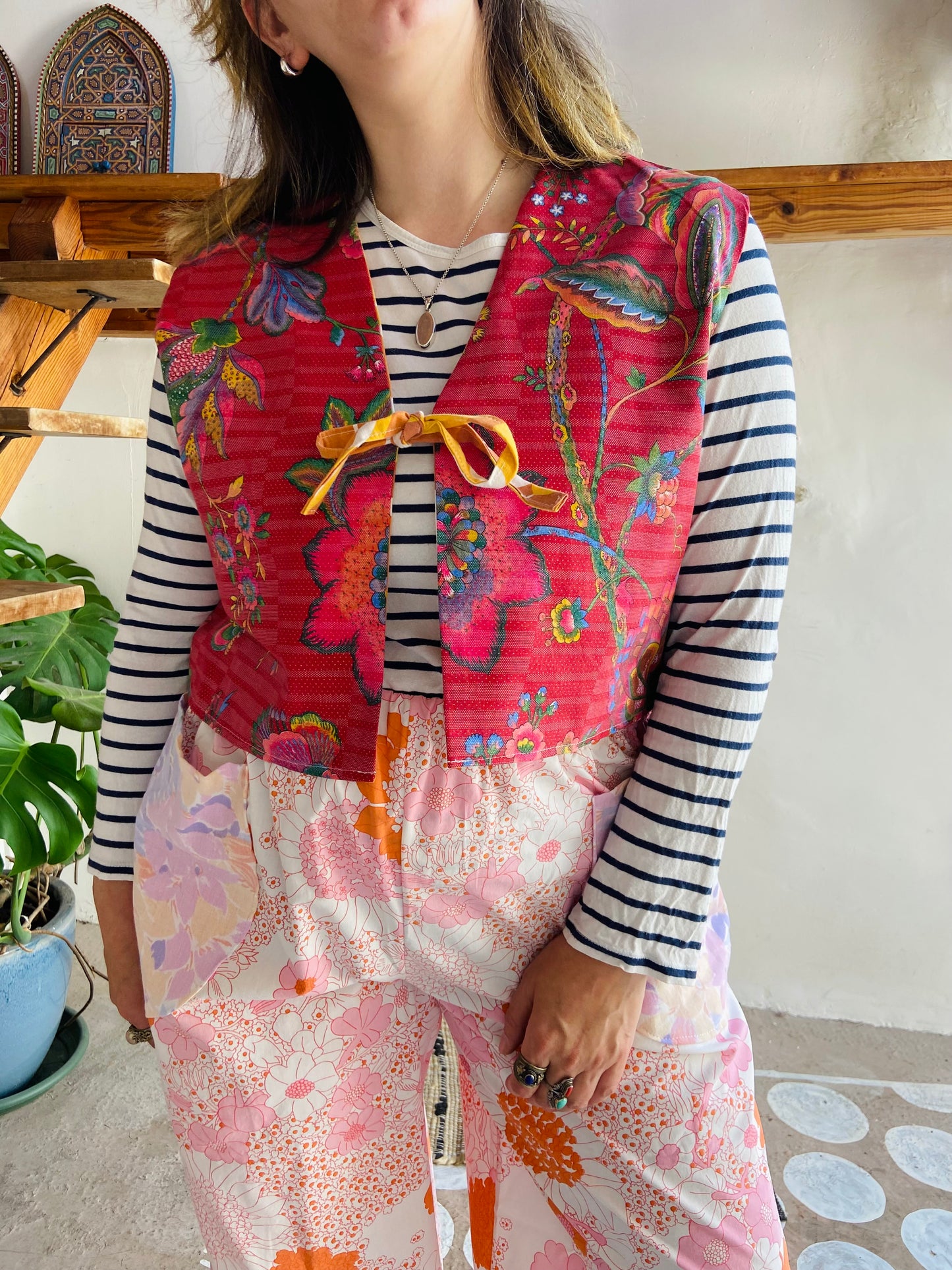 DESERT FOX Red Floral & 70's Orange Reversible Waistcoat - M/L