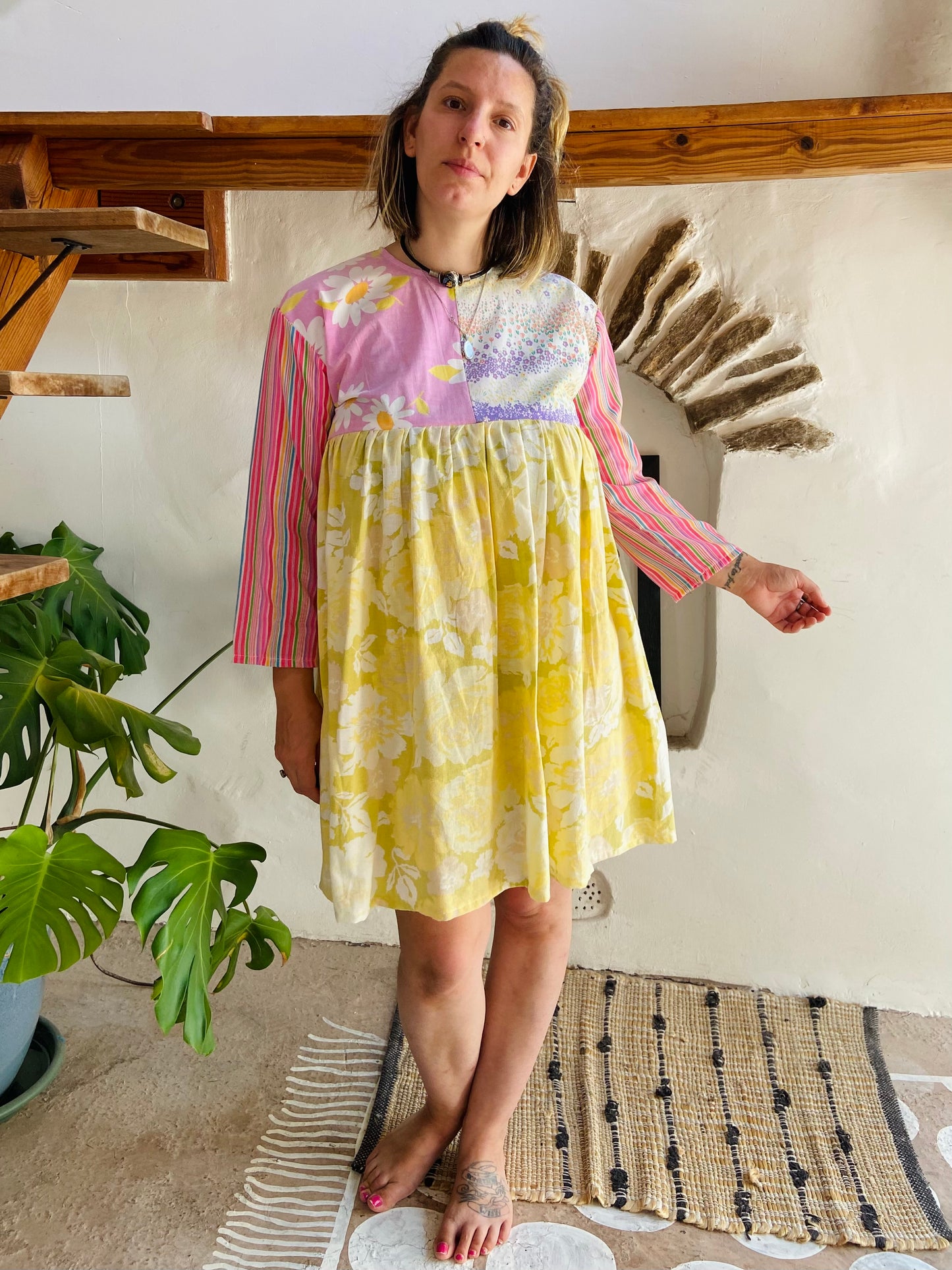 DESERT FOX Patchwork Pastel Floral Ruffle Dress - S/M