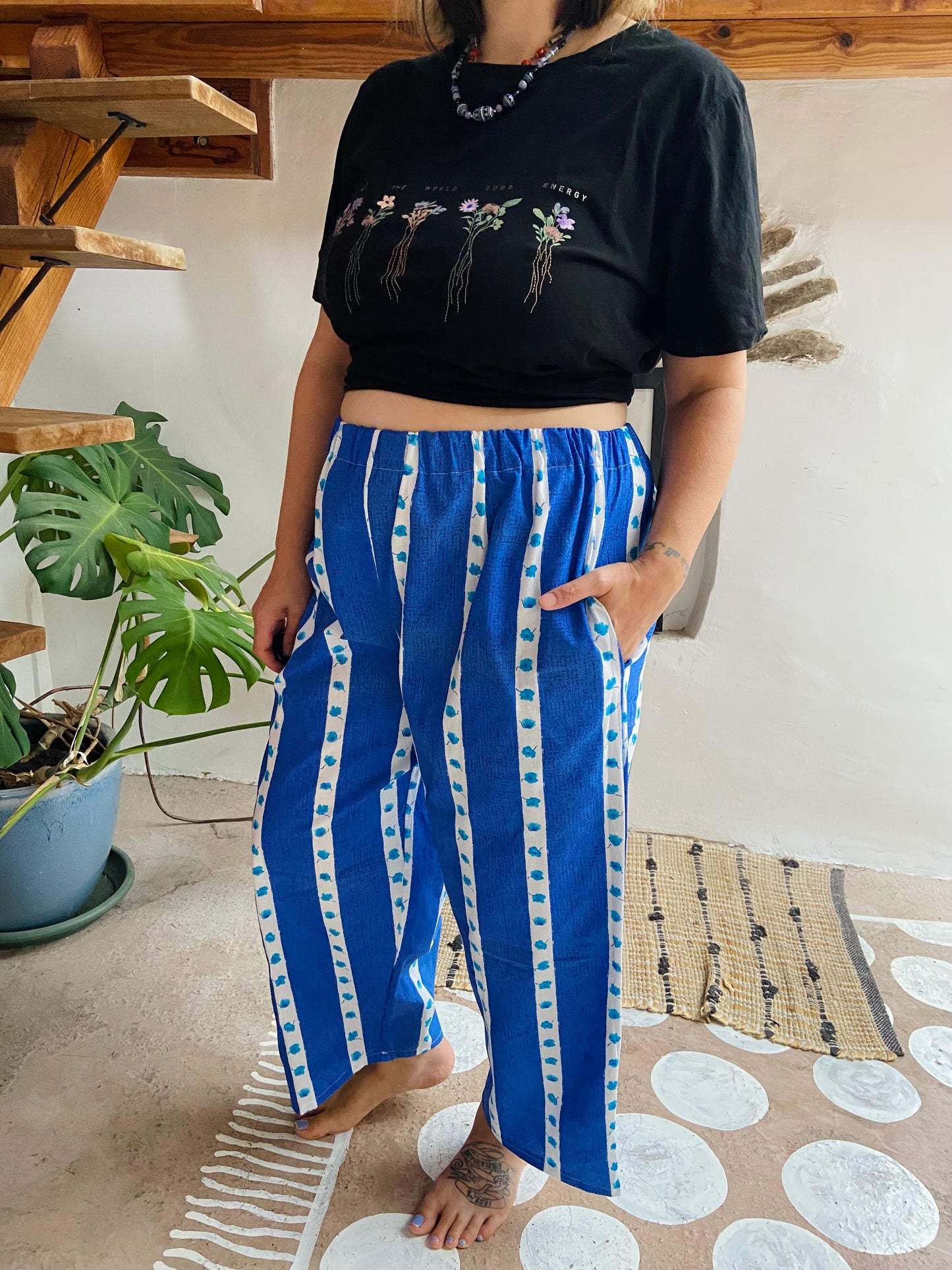 DESERT FOX Lola Floral Blue Stripe Wide Leg Trousers - M/L
