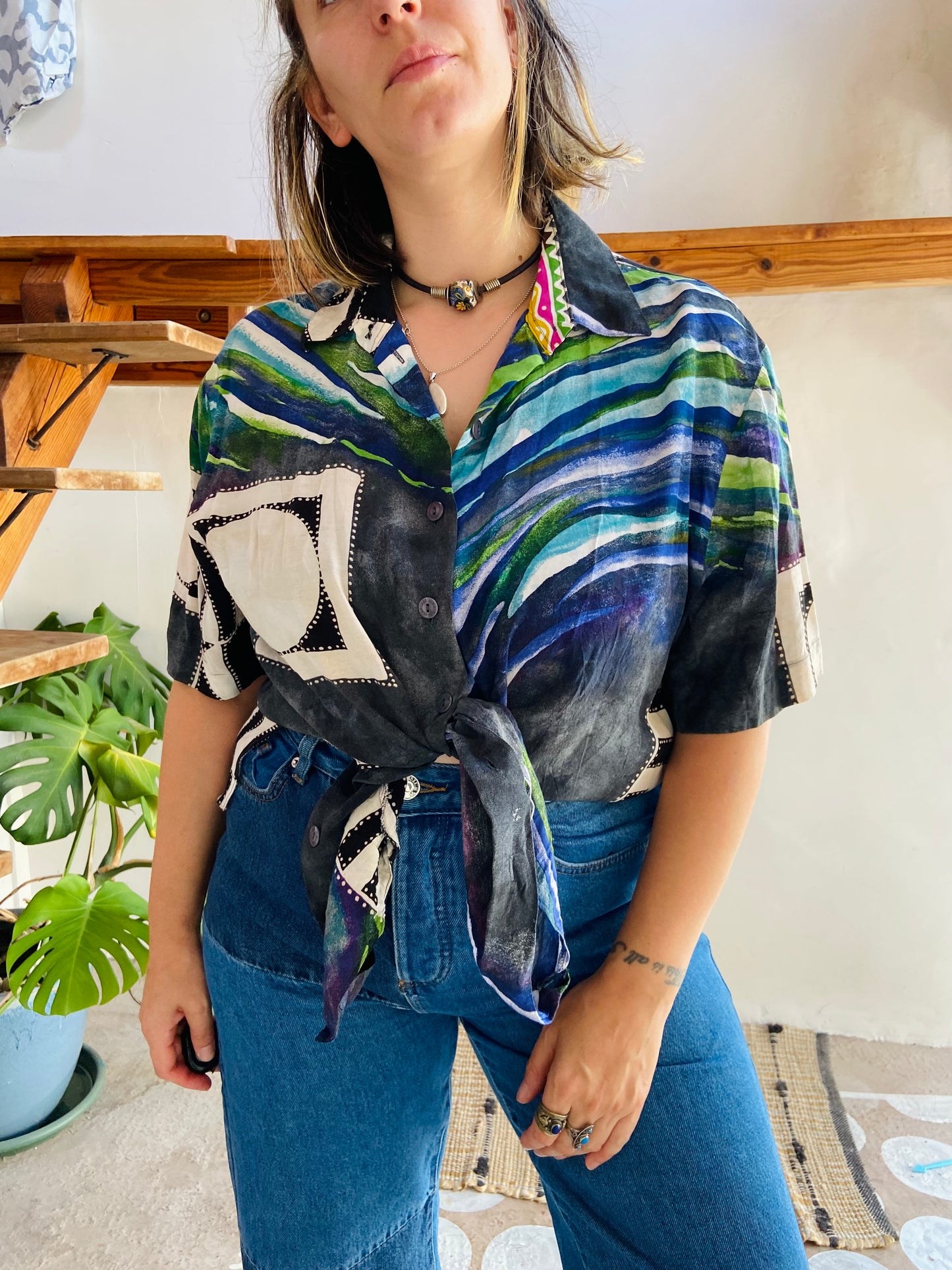 VINTAGE 90's Funky Bohemian Patterned Short Sleeve Shirt - M/L