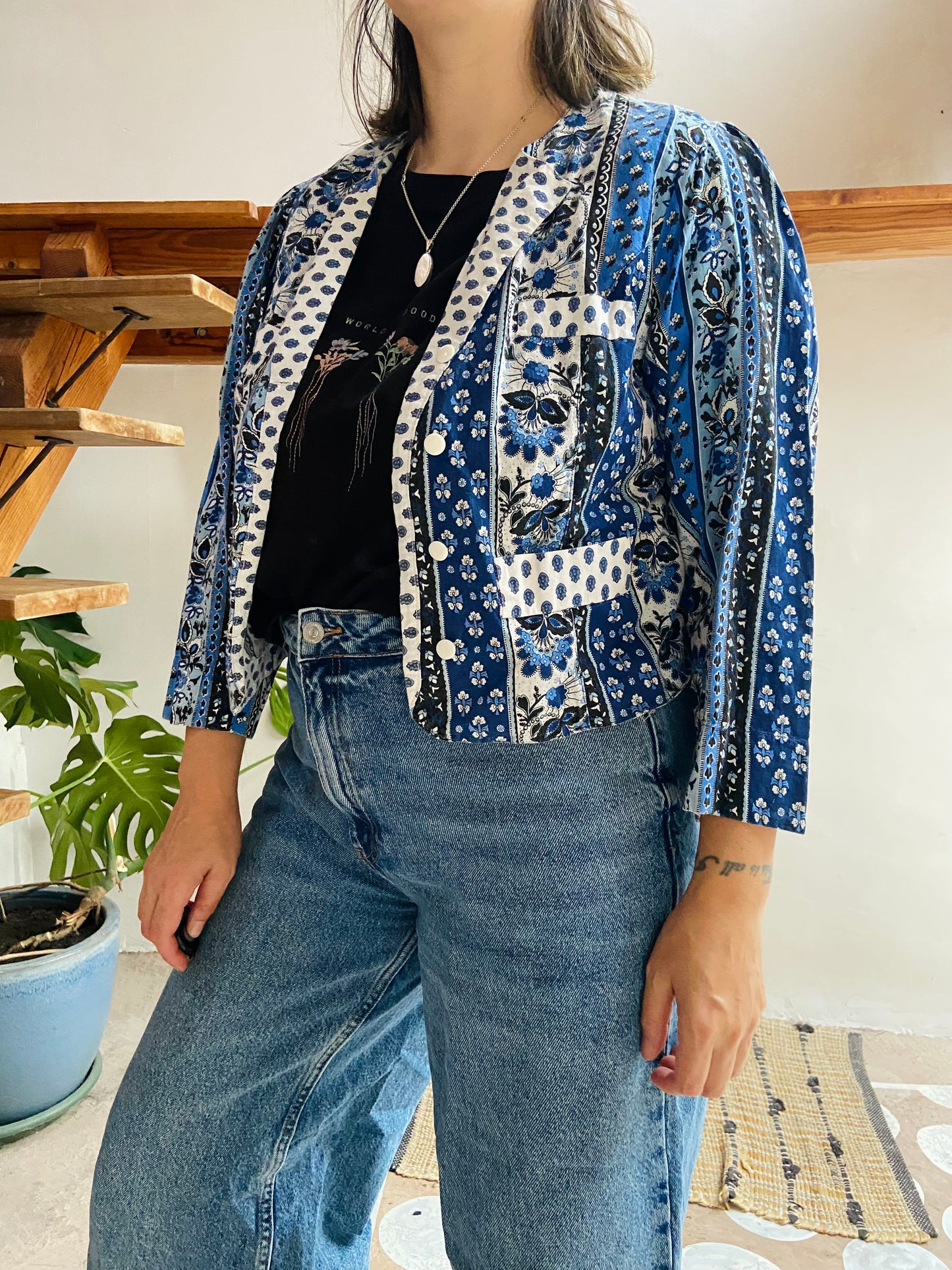 VINTAGE Blue Provencal Cotton Jacket - S/M