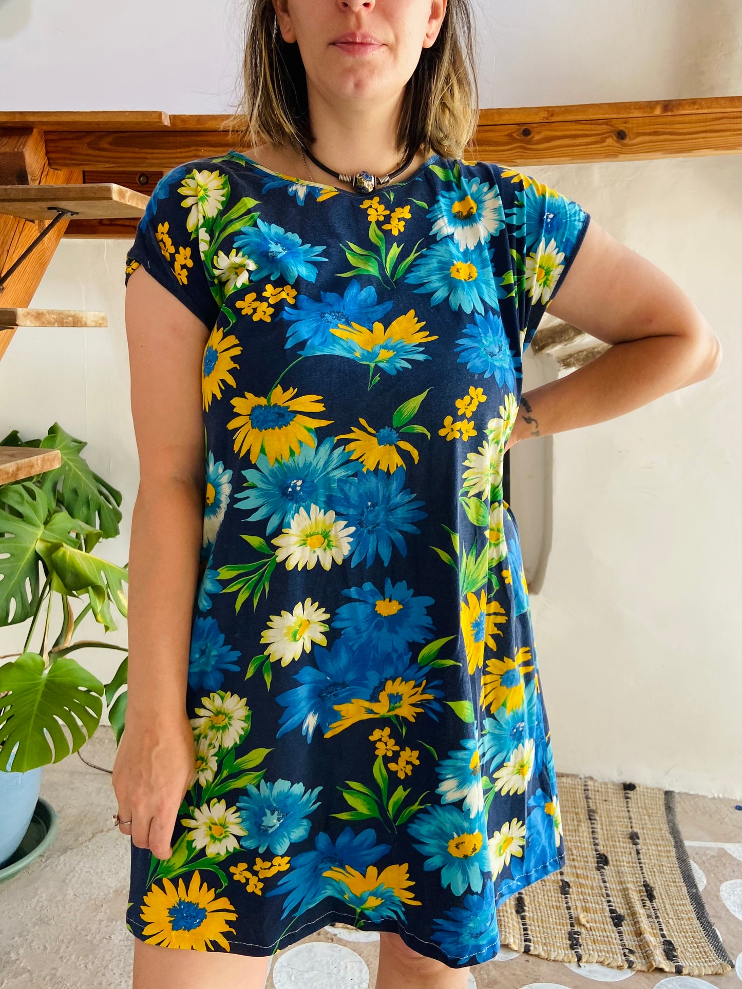 VINTAGE 90's Blue & Green Floral Loose Mini Dress - L