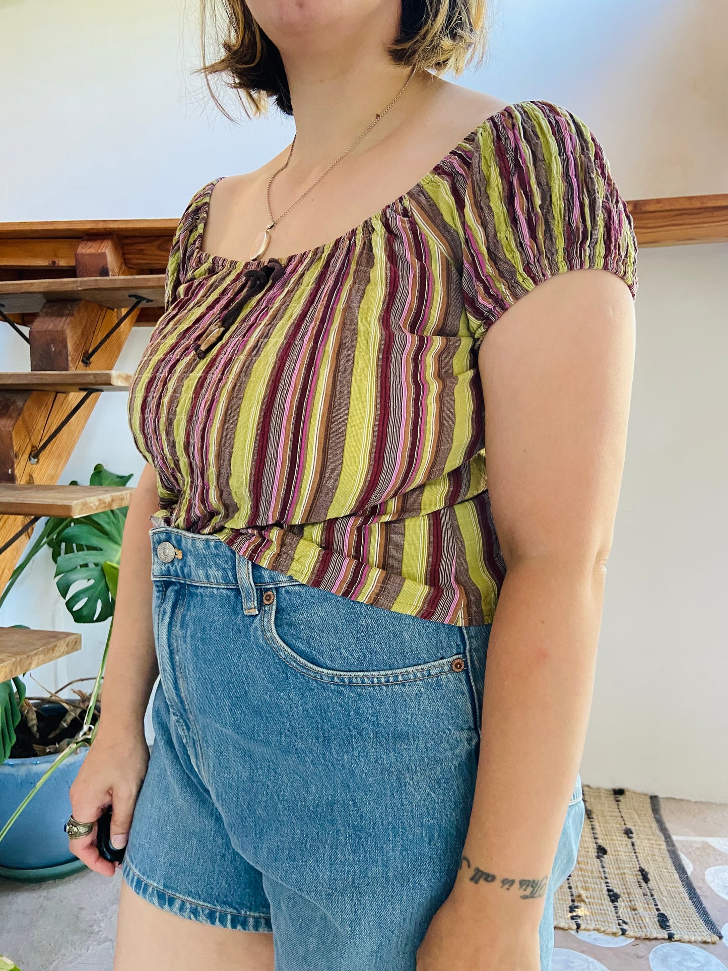 VINTAGE 90's Stripe Green & Purple Top - S/M