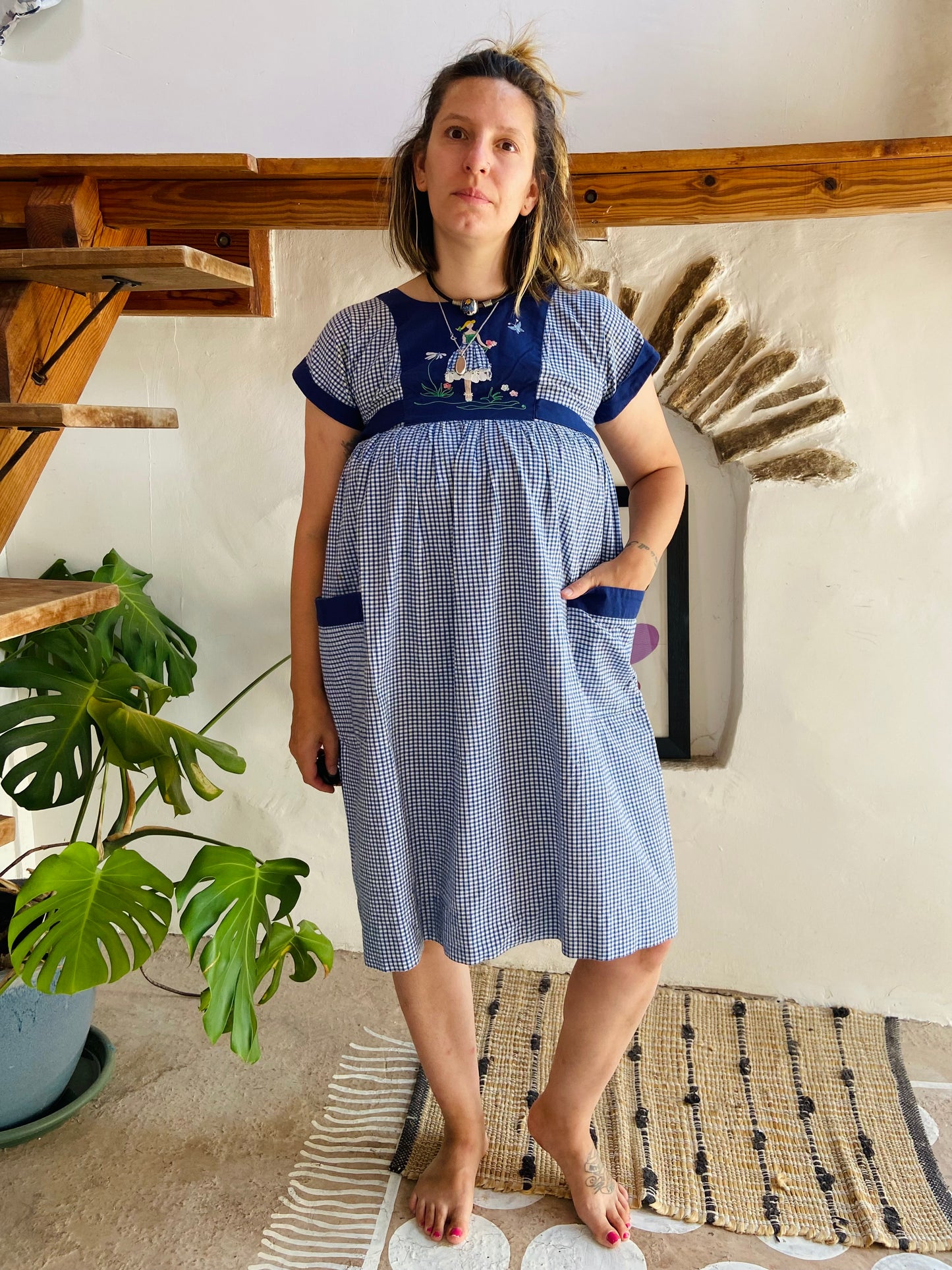 VINTAGE 70's Blue Embroidered Gingham Midi Dress - S/M