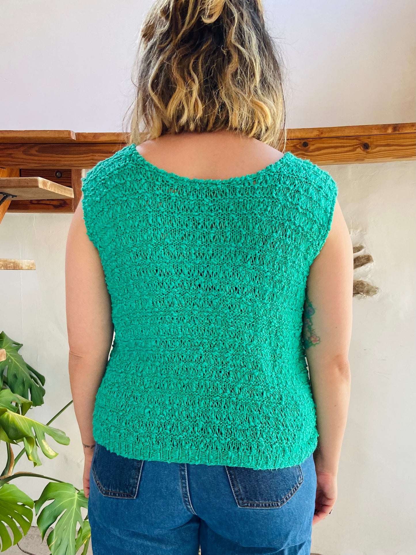VINTAGE 80's Green Knitted Sleeveless Top - M/L