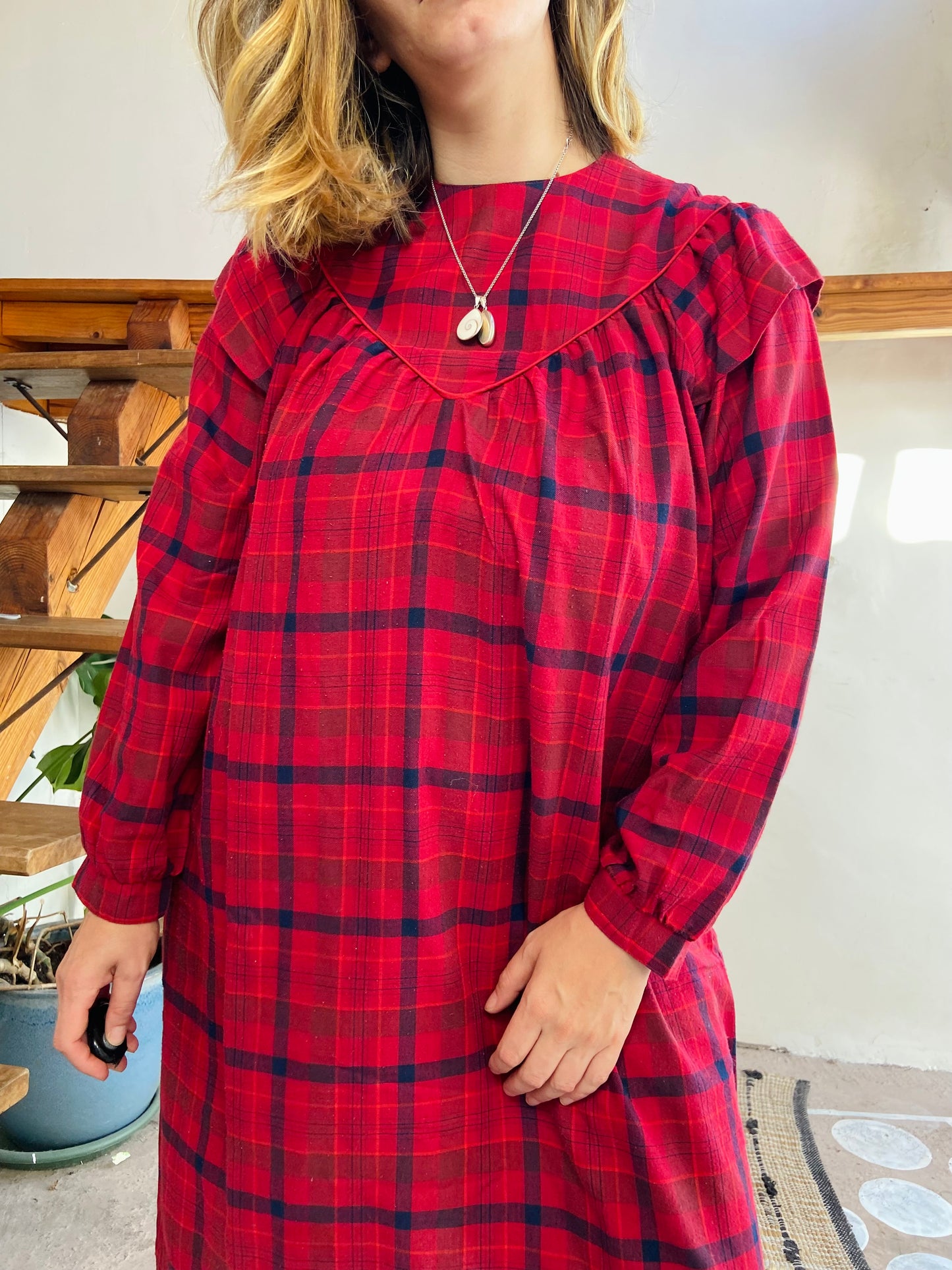 VINTAGE 80’s Tartan Checked Midi Dress - M/L