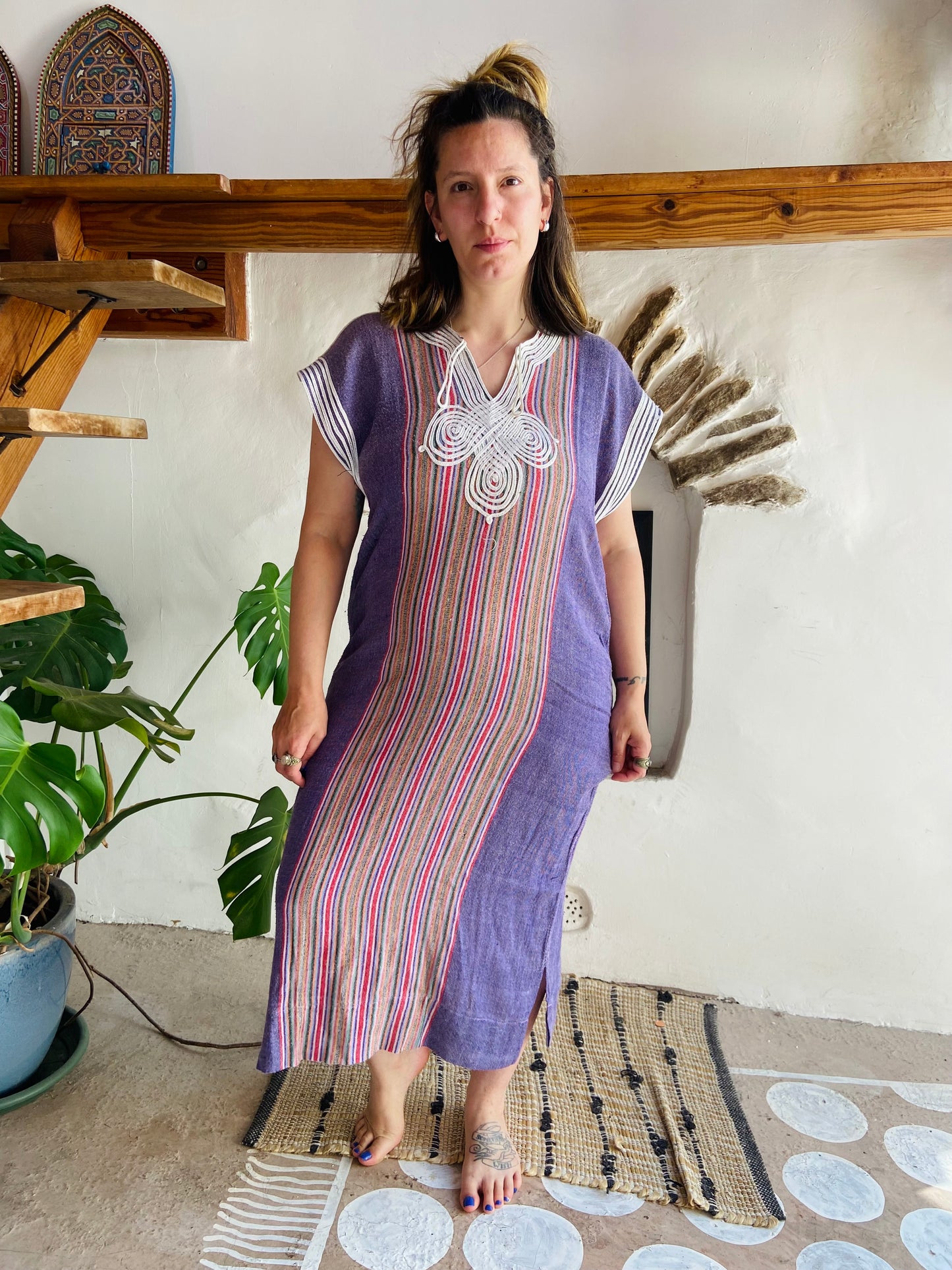 VINTAGE Bohemian Stripe Rainbow Tunic Maxi Dress - M