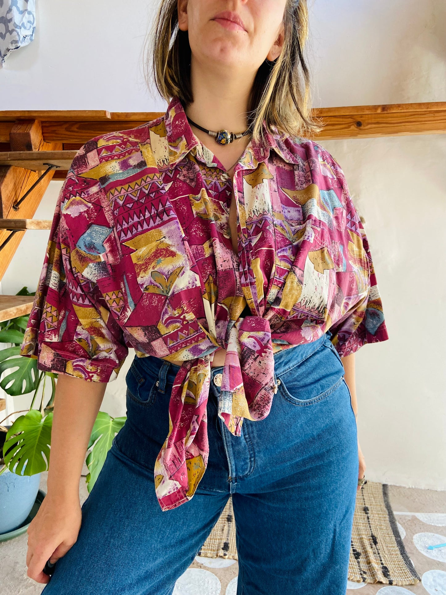 VINTAGE 90's Bohemian Pattern Purple Short Sleeve Shirt - L