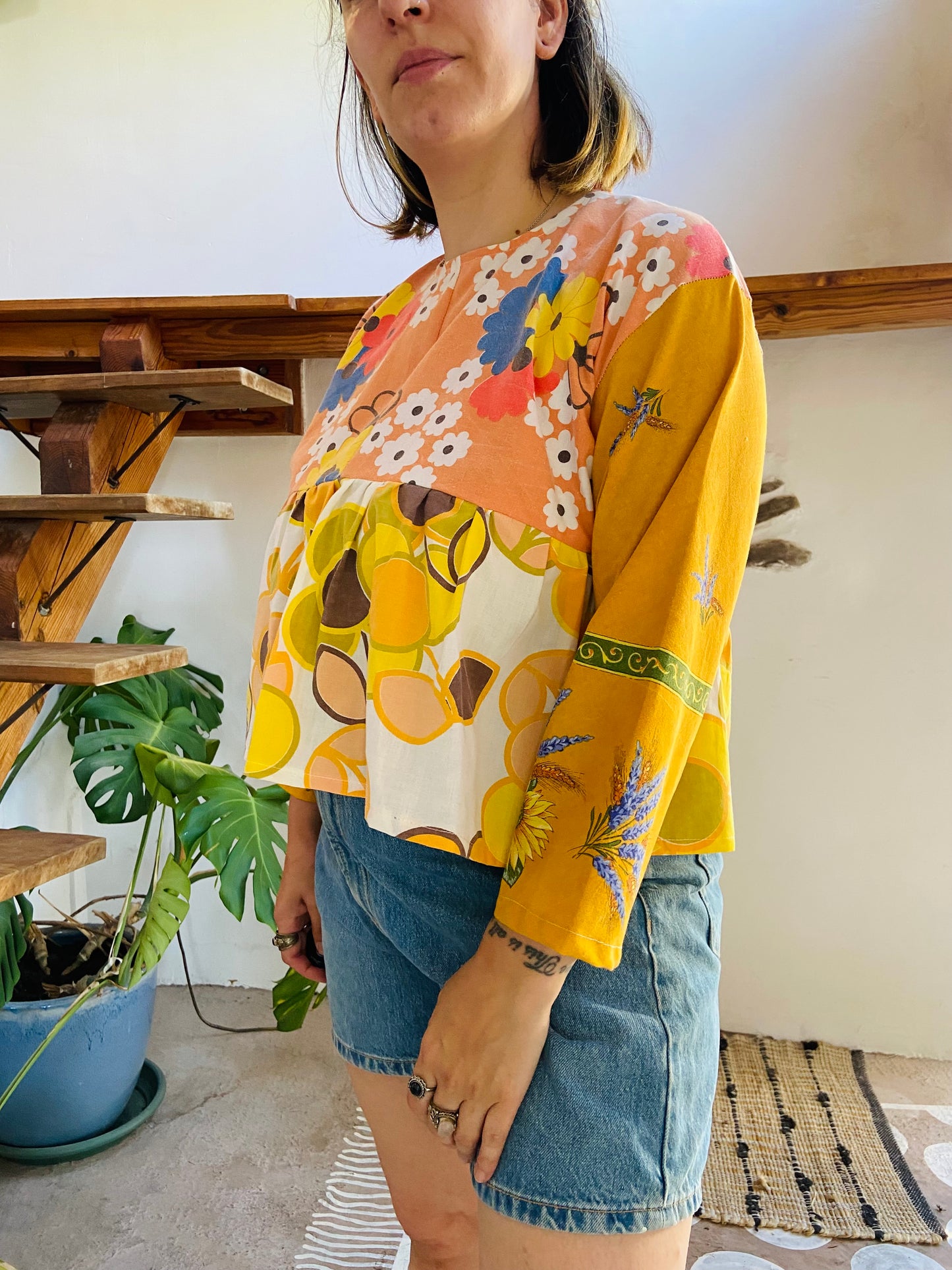DESERT FOX Patchwork Orange Sunflower Floral Ruffle Top - M/L