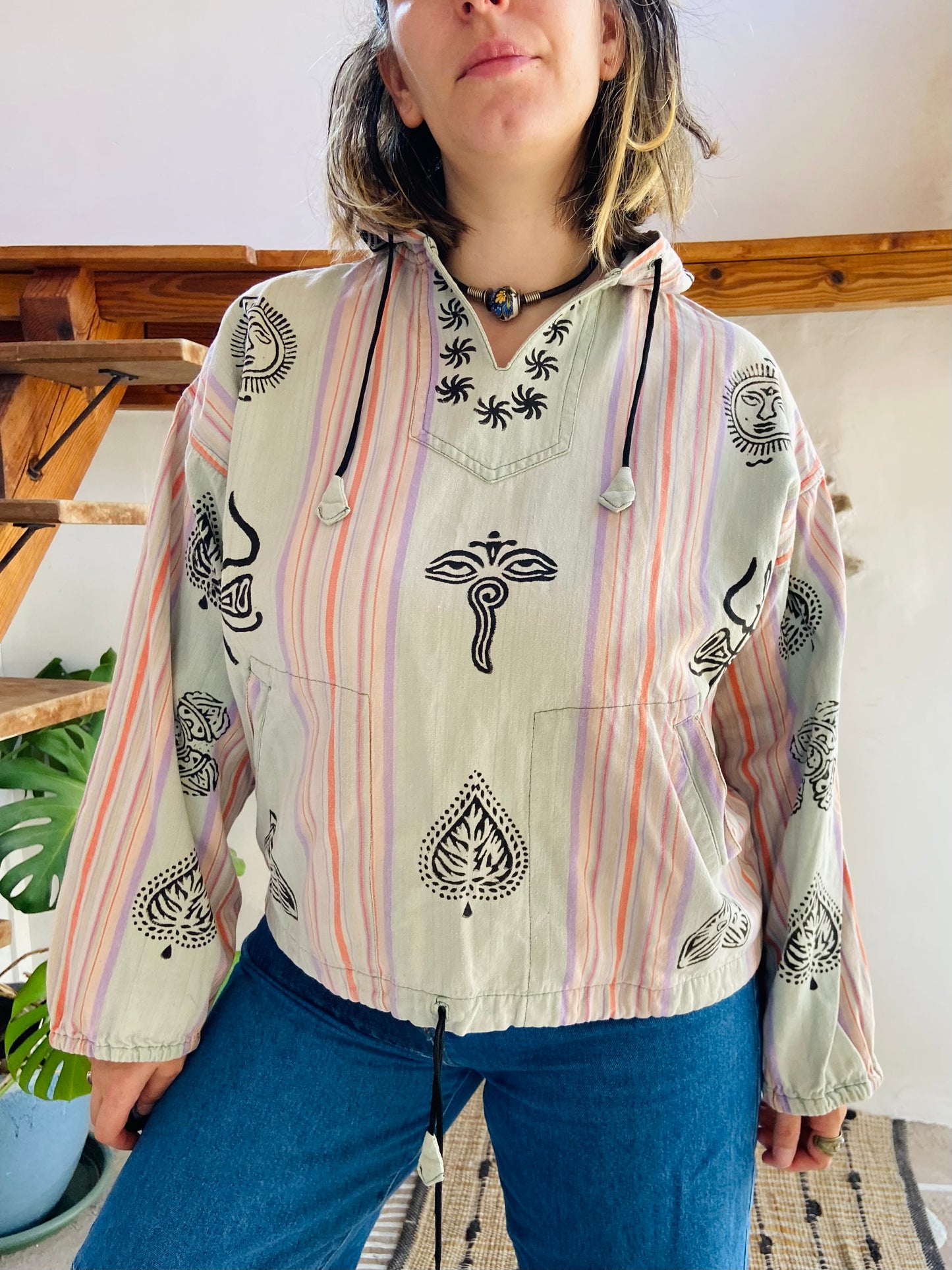 VINTAGE 90's Hippie Batik Long Sleeve Hooded Top - M/L