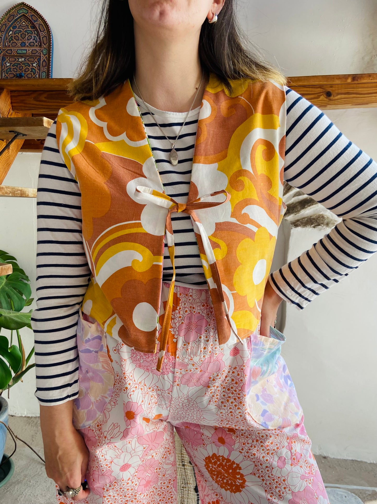 DESERT FOX 70's Orange & Pink Floral Reversible Waistcoat - S/M