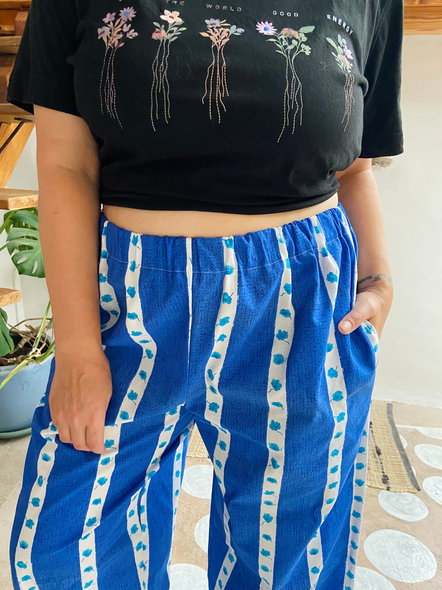 DESERT FOX Lola Floral Blue Stripe Wide Leg Trousers - M/L