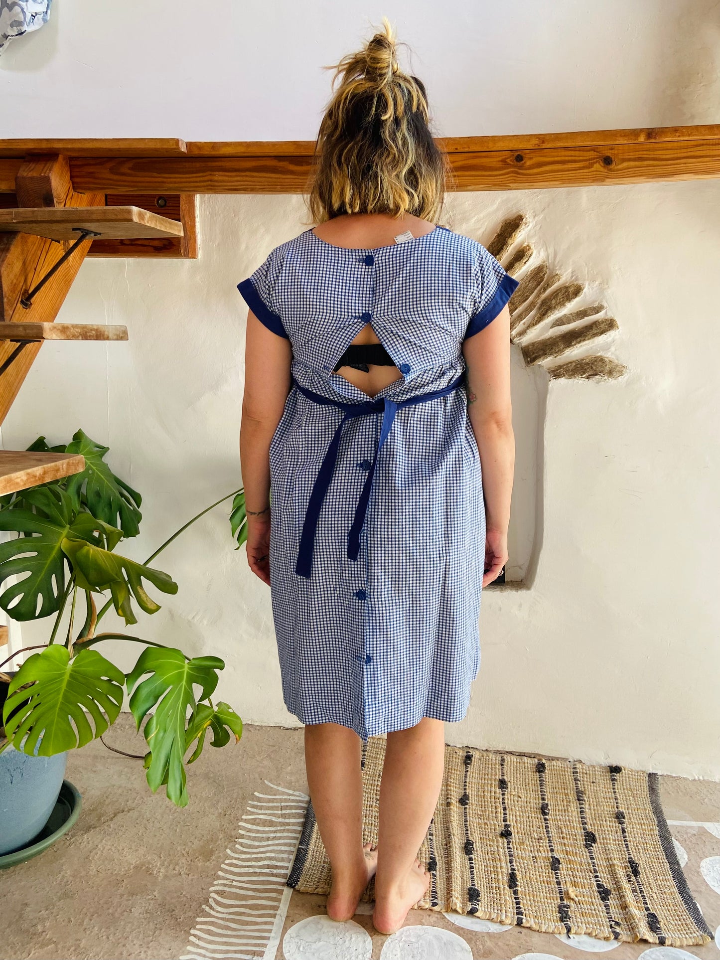 VINTAGE 70's Blue Embroidered Gingham Midi Dress - S/M