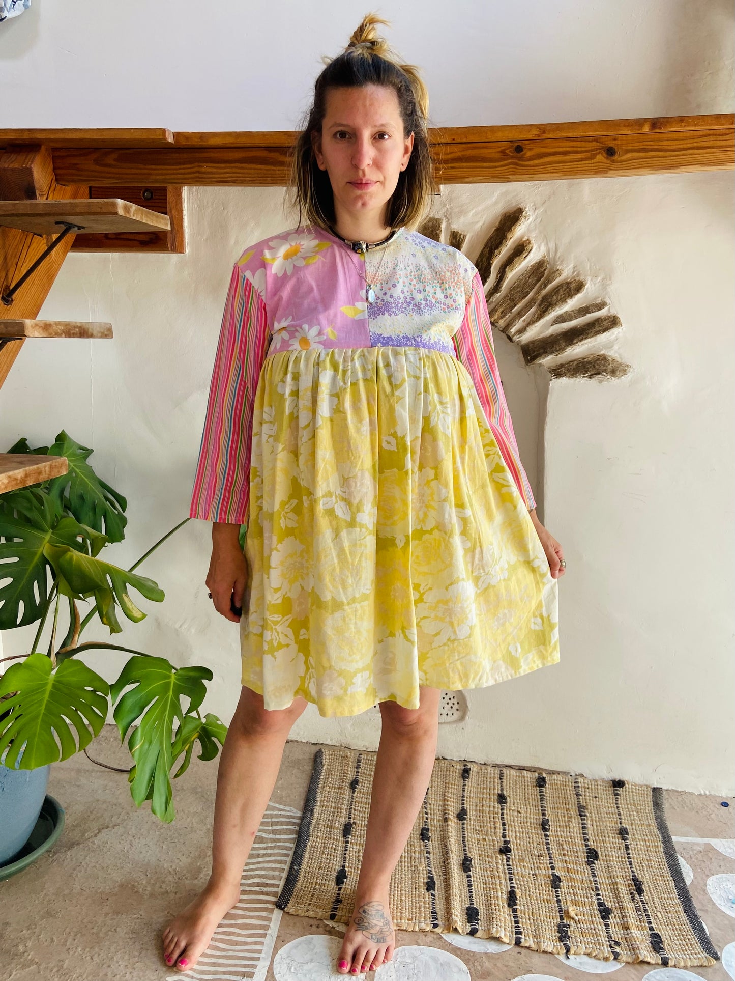 DESERT FOX Patchwork Pastel Floral Ruffle Dress - S/M