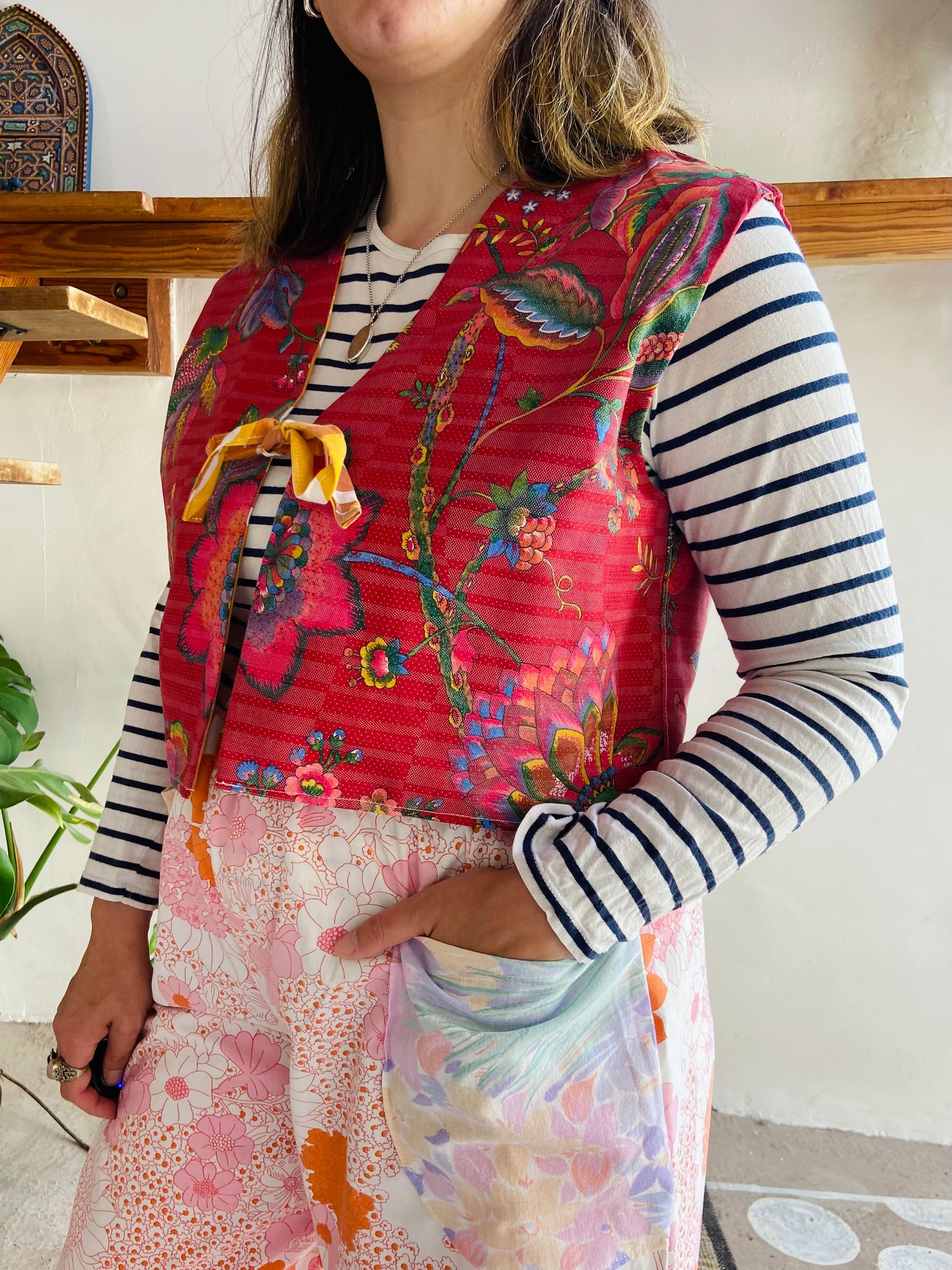 DESERT FOX Red Floral & 70's Orange Reversible Waistcoat - M/L