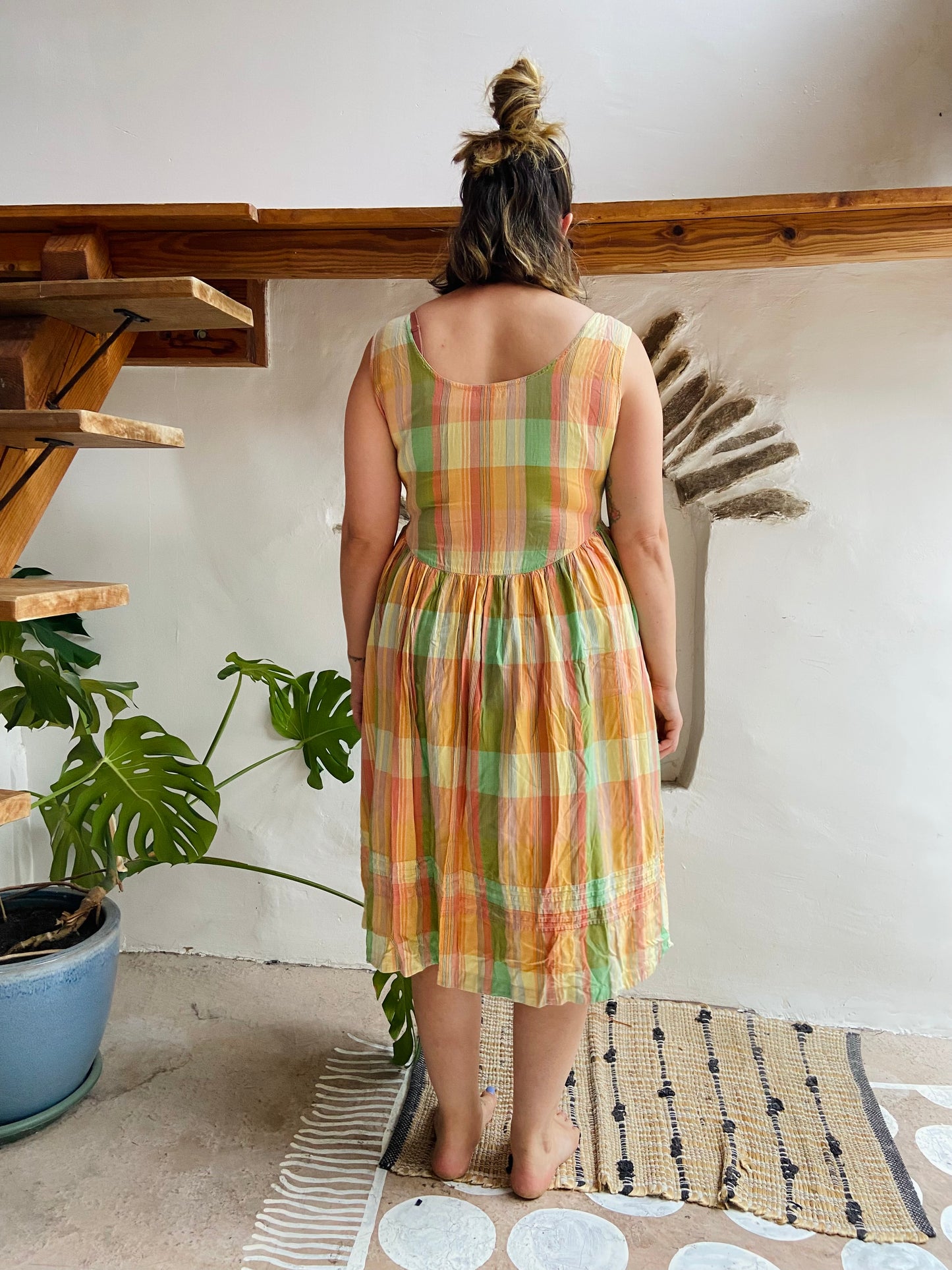 VINTAGE 90's Pastel Checked Midi Dress - M/L