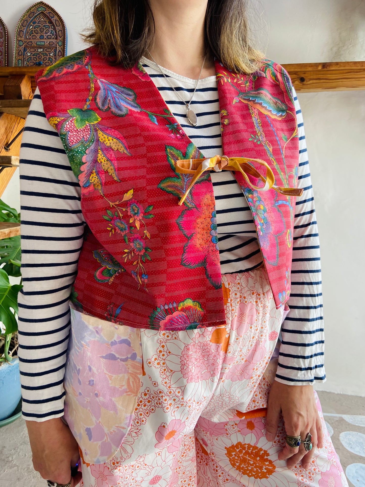 DESERT FOX Red Floral & 70's Orange Reversible Waistcoat - M/L