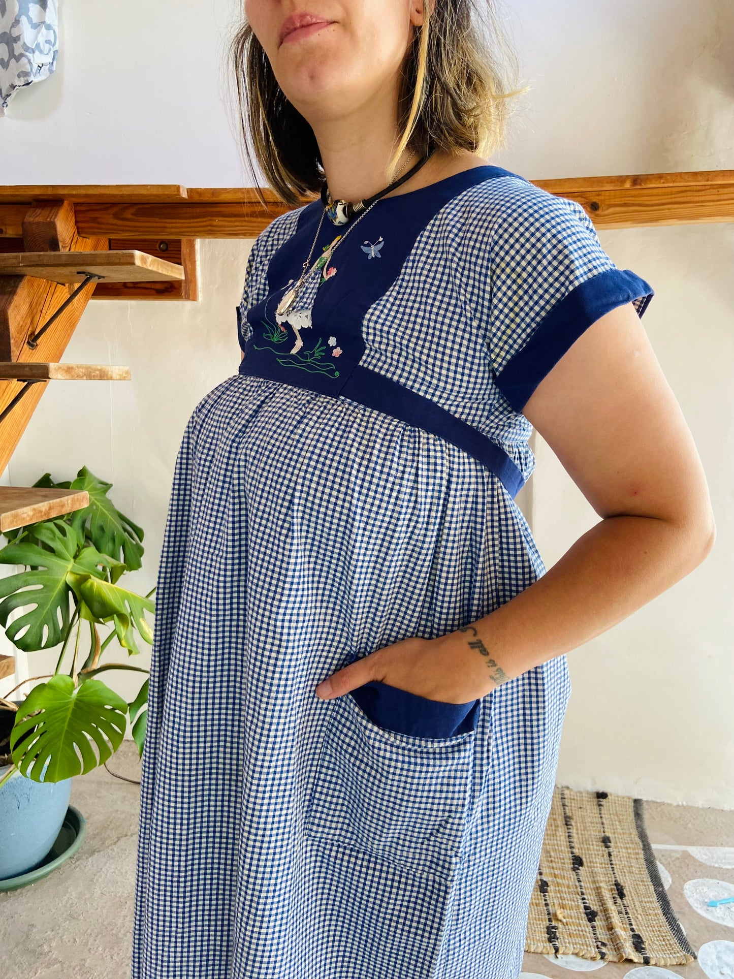 VINTAGE 70's Blue Embroidered Gingham Midi Dress - S/M