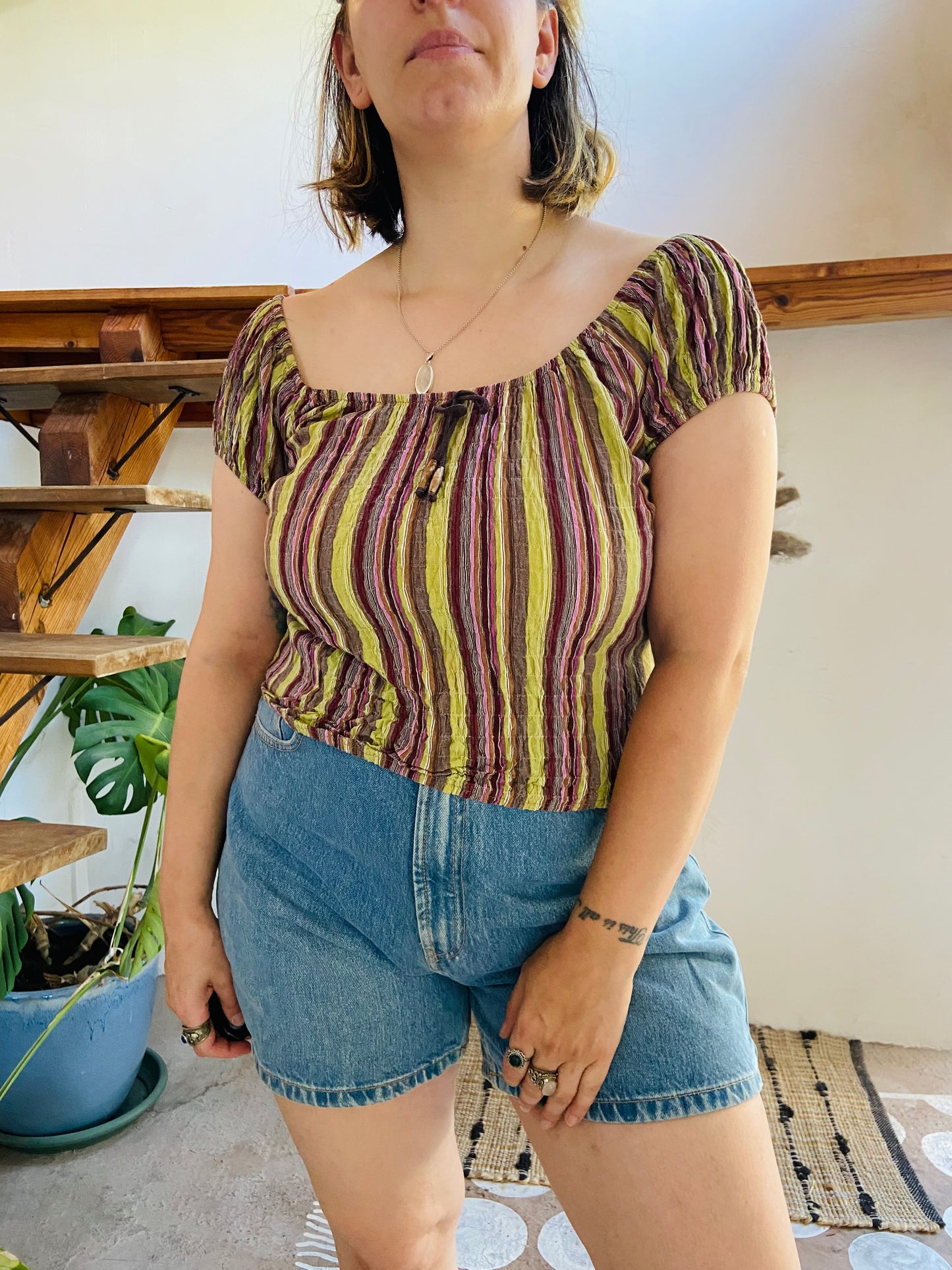 VINTAGE 90's Stripe Green & Purple Top - S/M