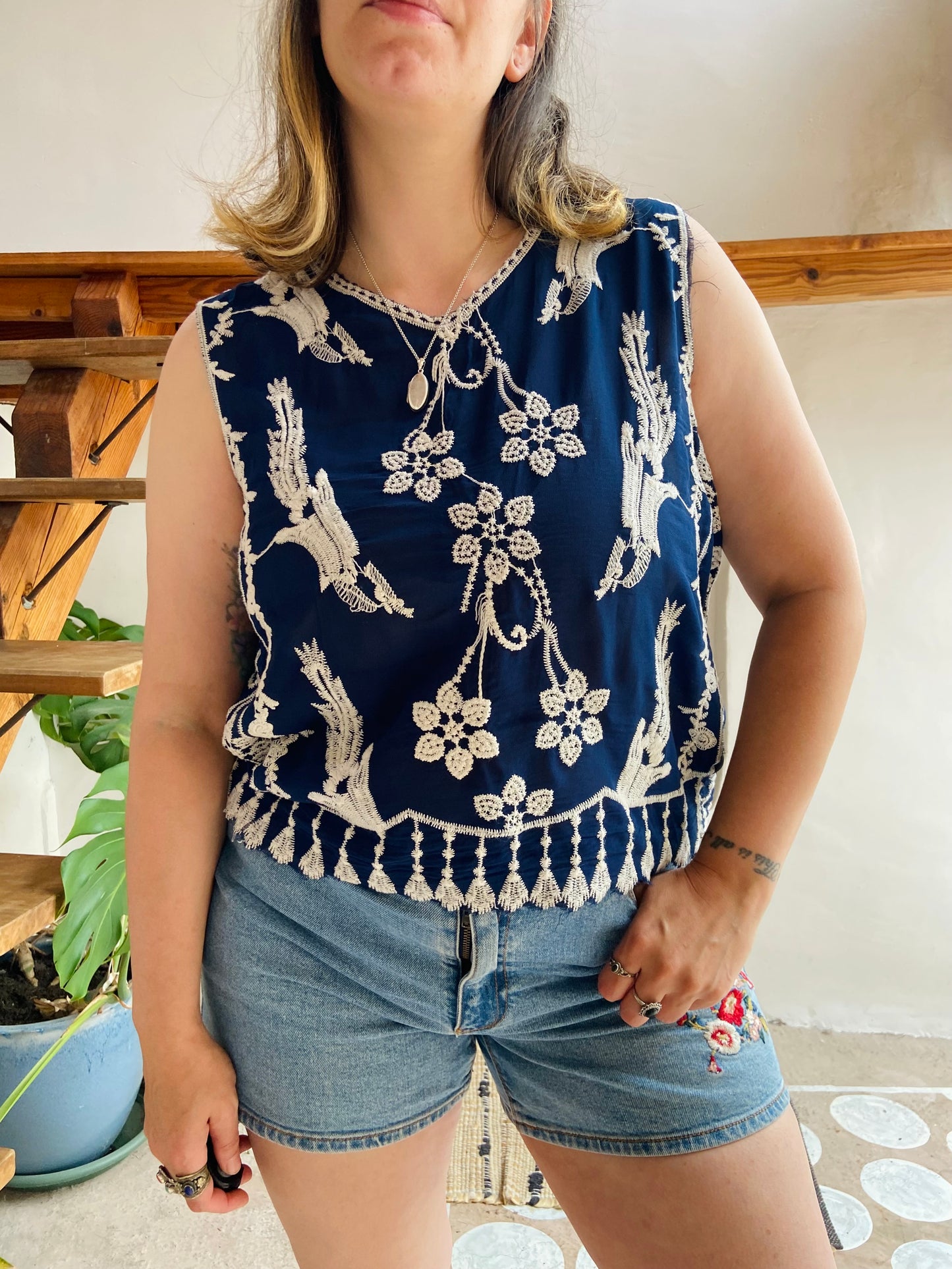 VINTAGE 90's Blue Embroidered Loose Tank Top - M/L