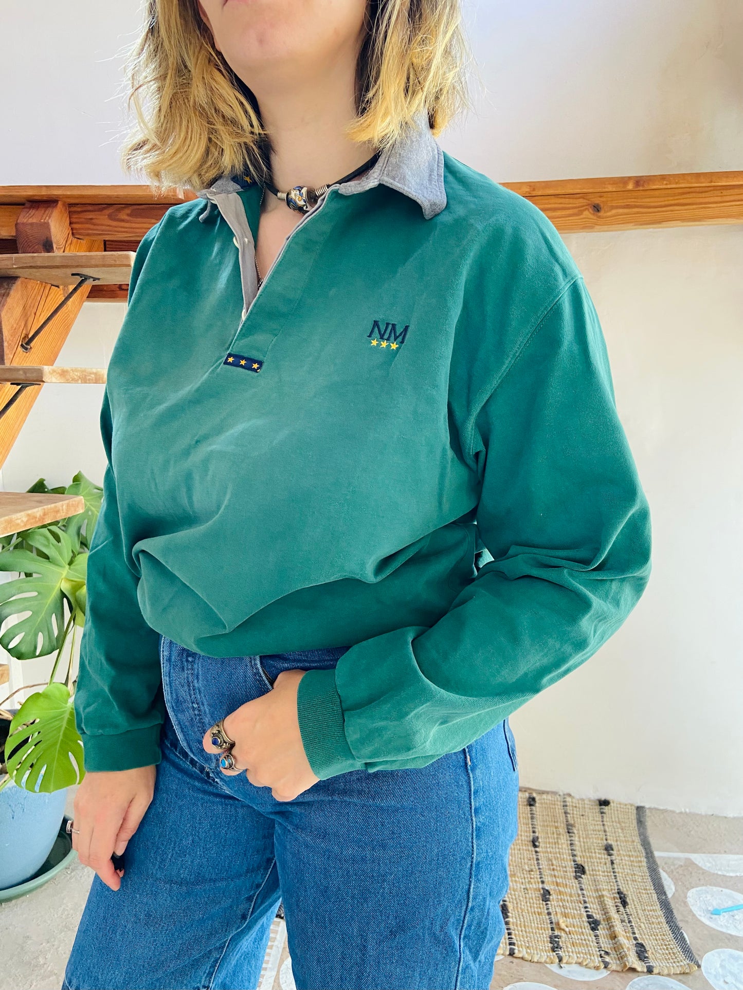 VINTAGE 90's Long Sleeve Green Polo Top - M/L