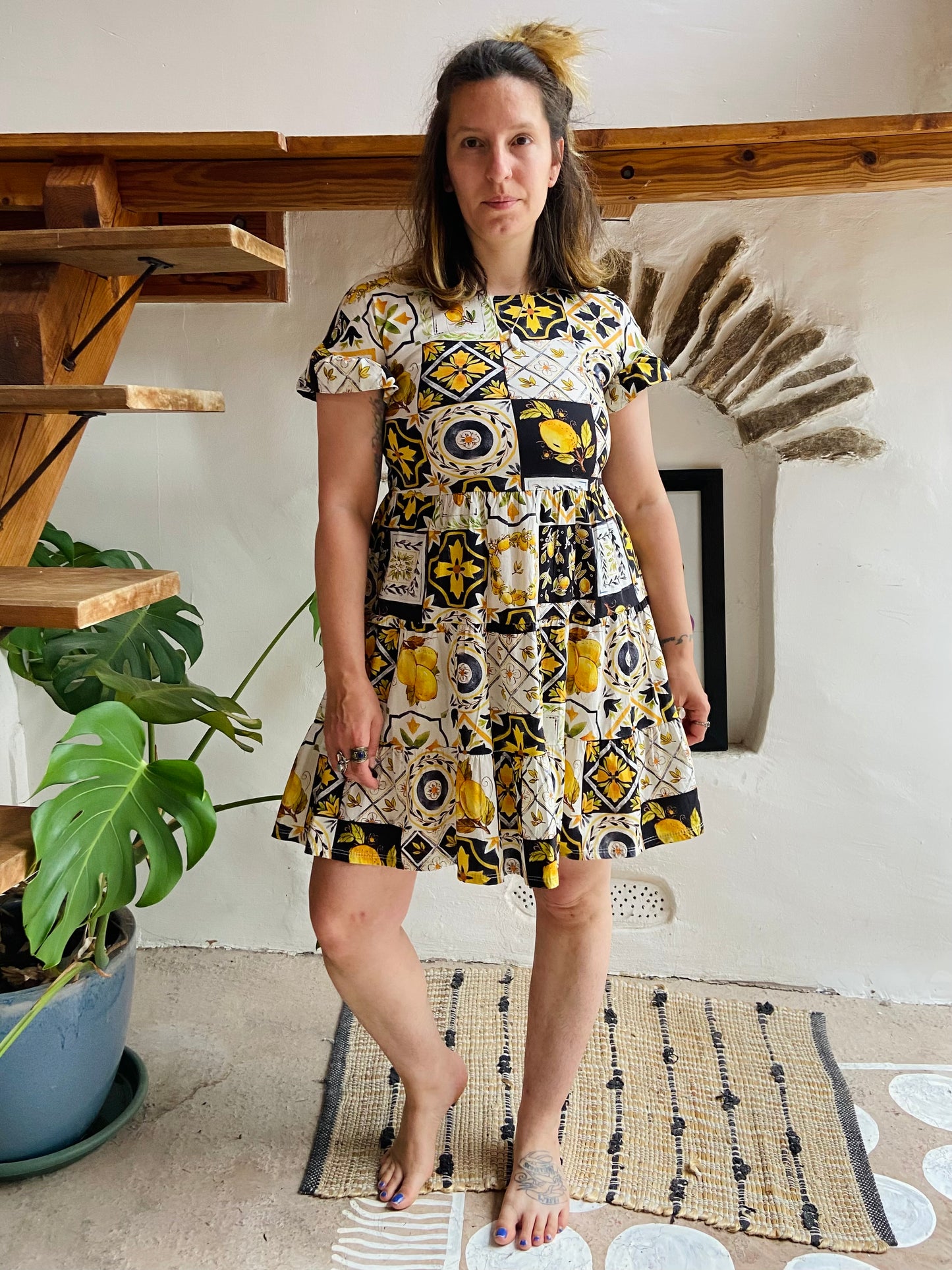 VINTAGE 70's Lemon Patchwork Print Cotton Sun Dress - S