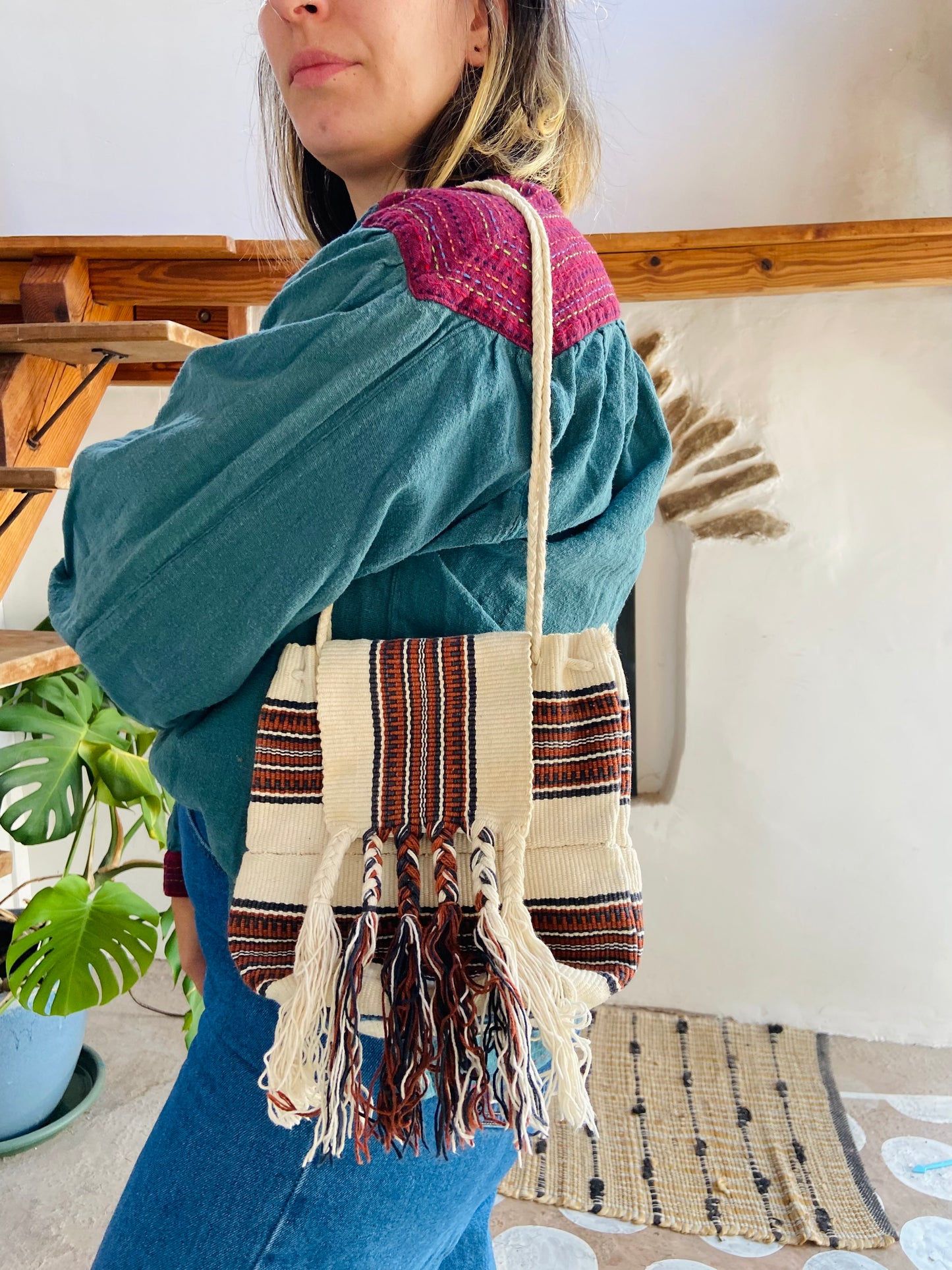 VINTAGE 90's Bohemian Fringe Cotton Shoulder Bag - ONE SIZE