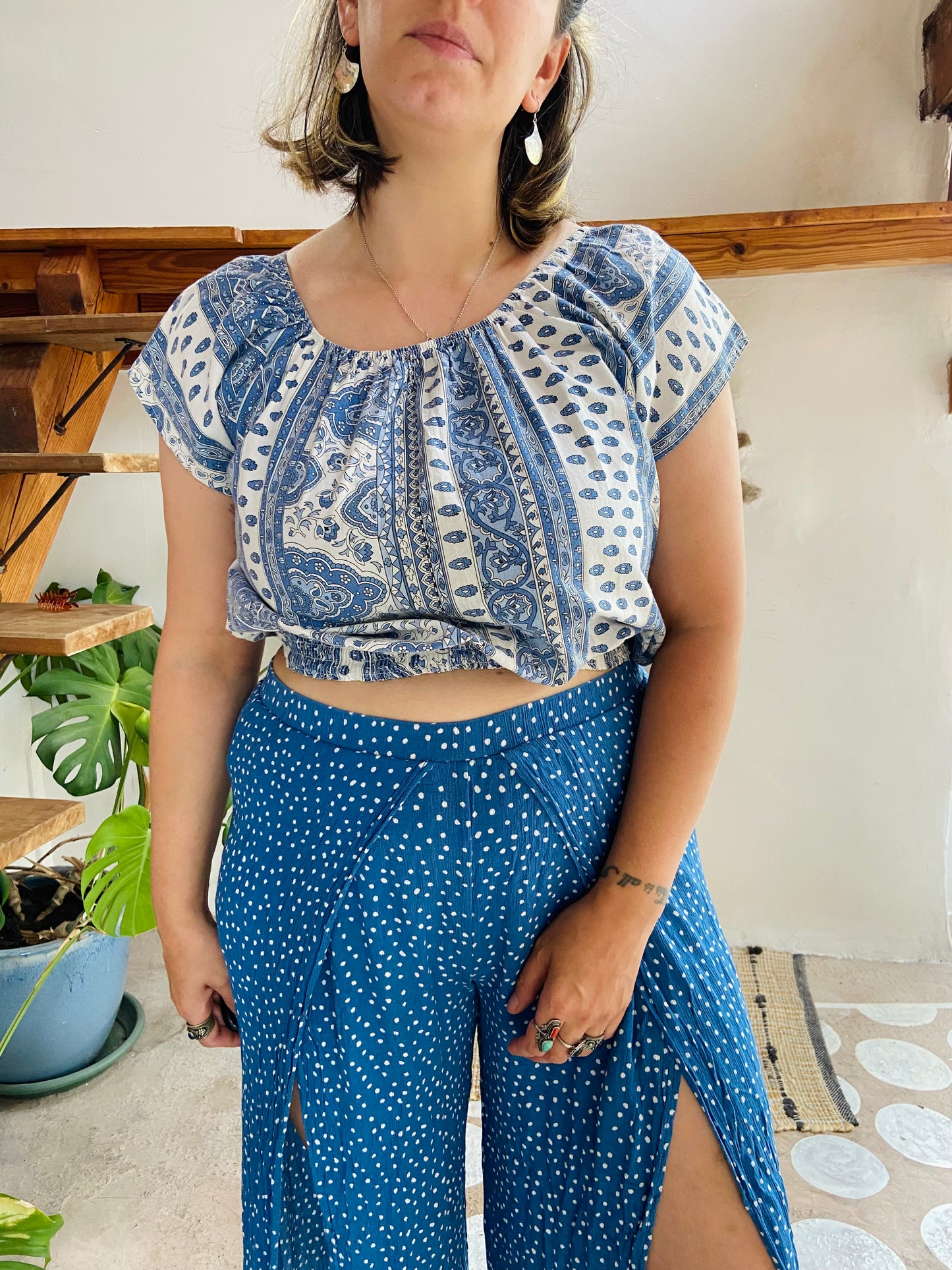 VINTAGE Blue Polkadot Slit Front Wide Leg Trousers - M