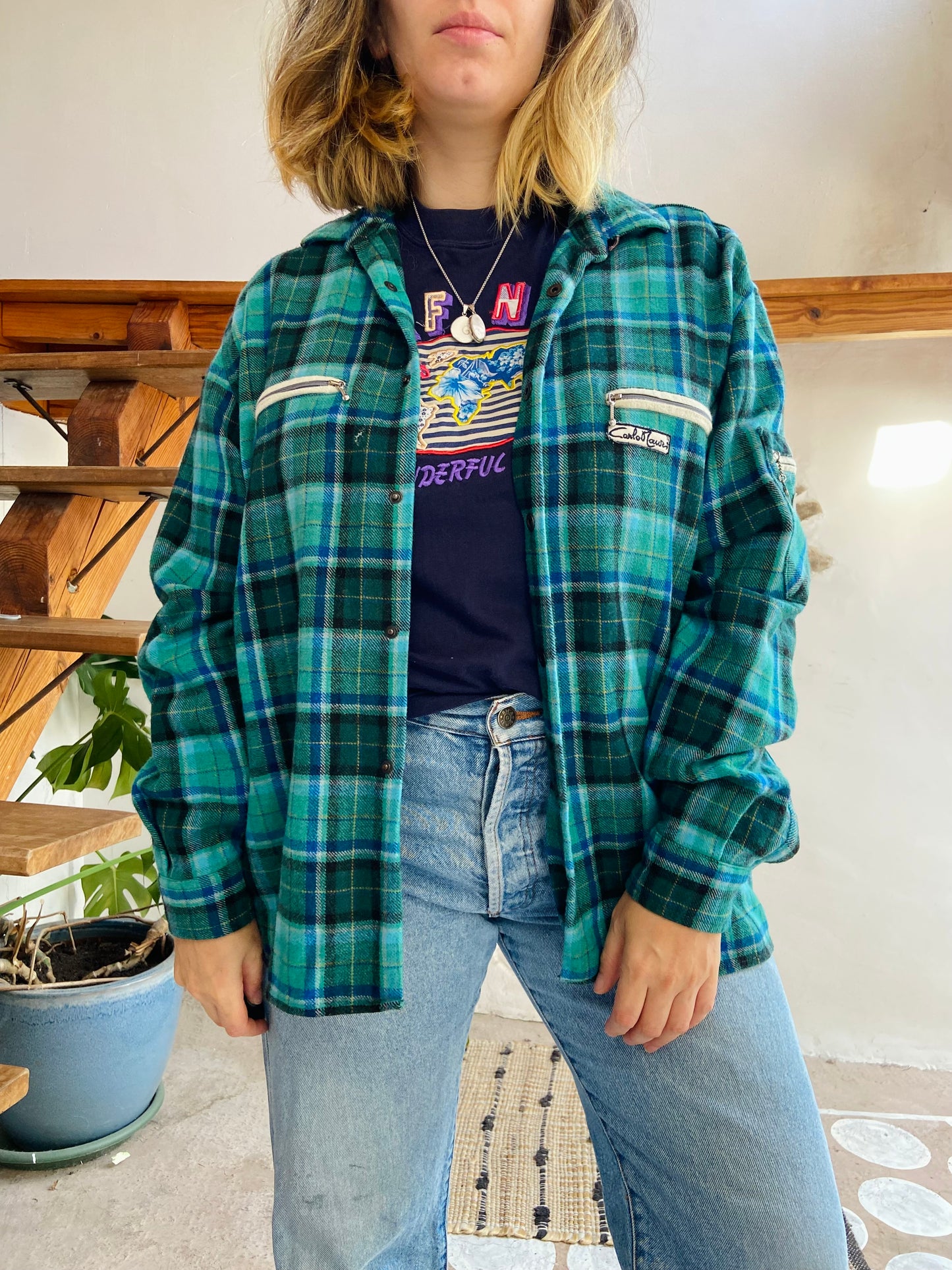 VINTAGE 90’s Flannel Checked Blue & Green Long Sleeve Shirt - L