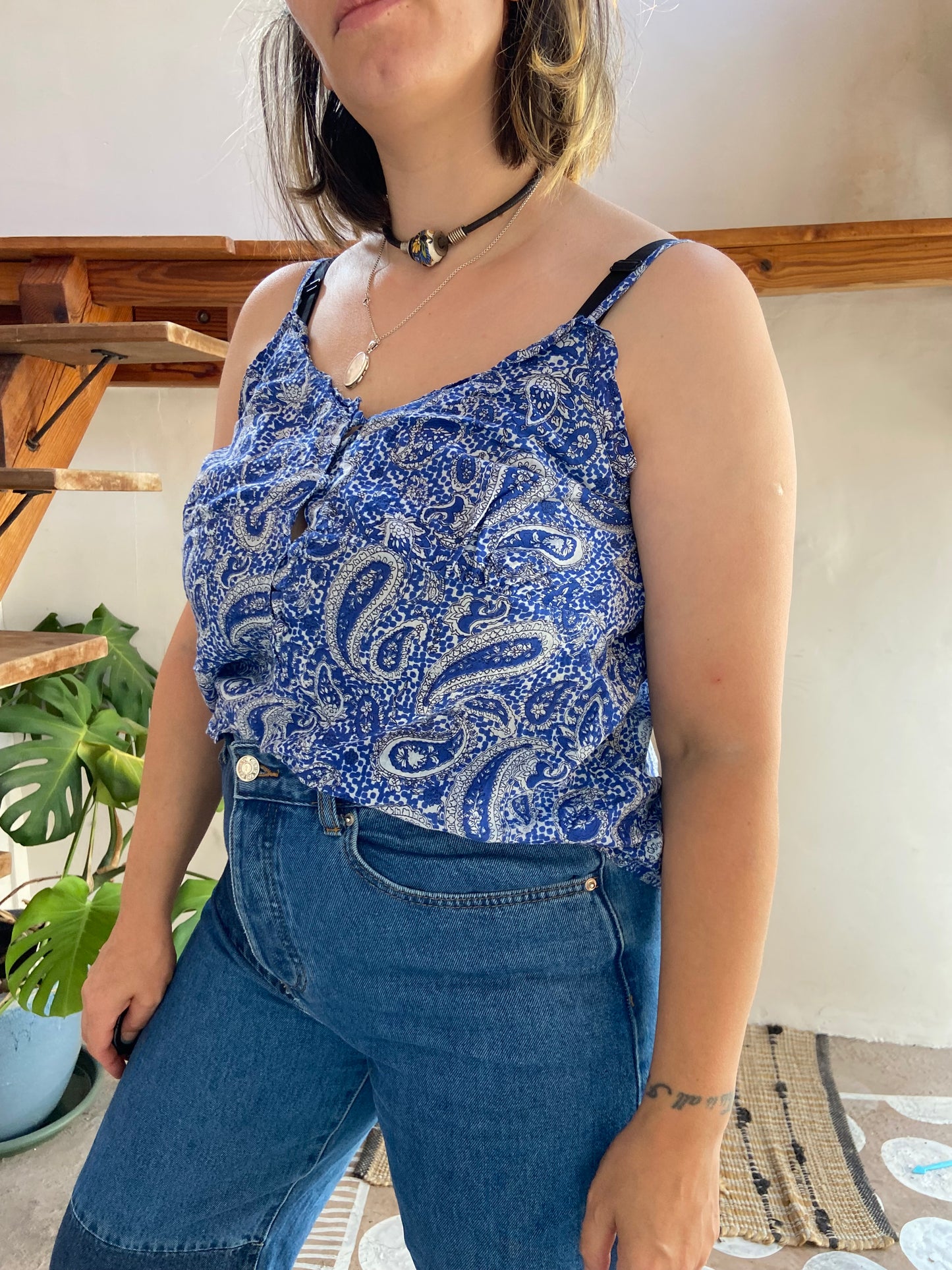 VINTAGE 90's Blue Paisley Bohemian Strappy Cami Top - S/M