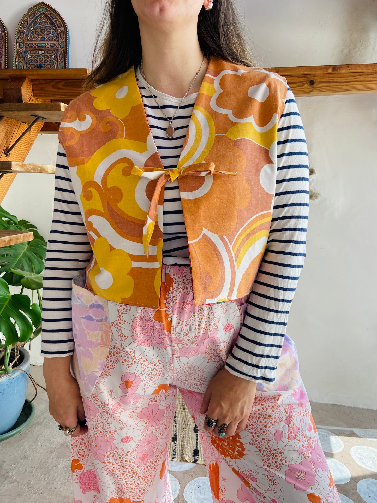 DESERT FOX Red Floral & 70's Orange Reversible Waistcoat - M/L