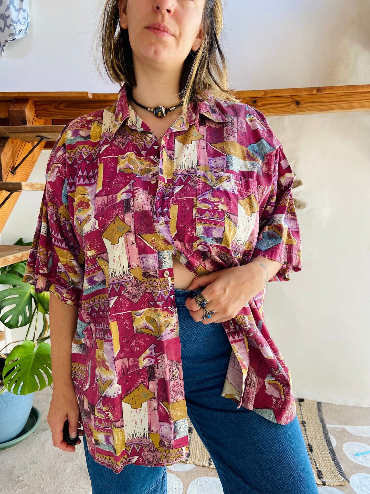 VINTAGE 90's Bohemian Pattern Purple Short Sleeve Shirt - L