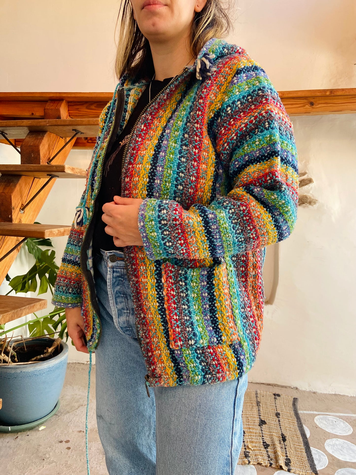 VINTAGE 90's Rainbow Hippie Knit Zip Up Jacket - M
