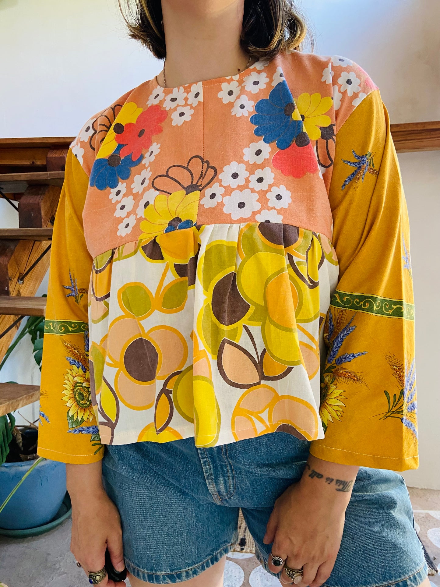 DESERT FOX Patchwork Orange Sunflower Floral Ruffle Top - M/L