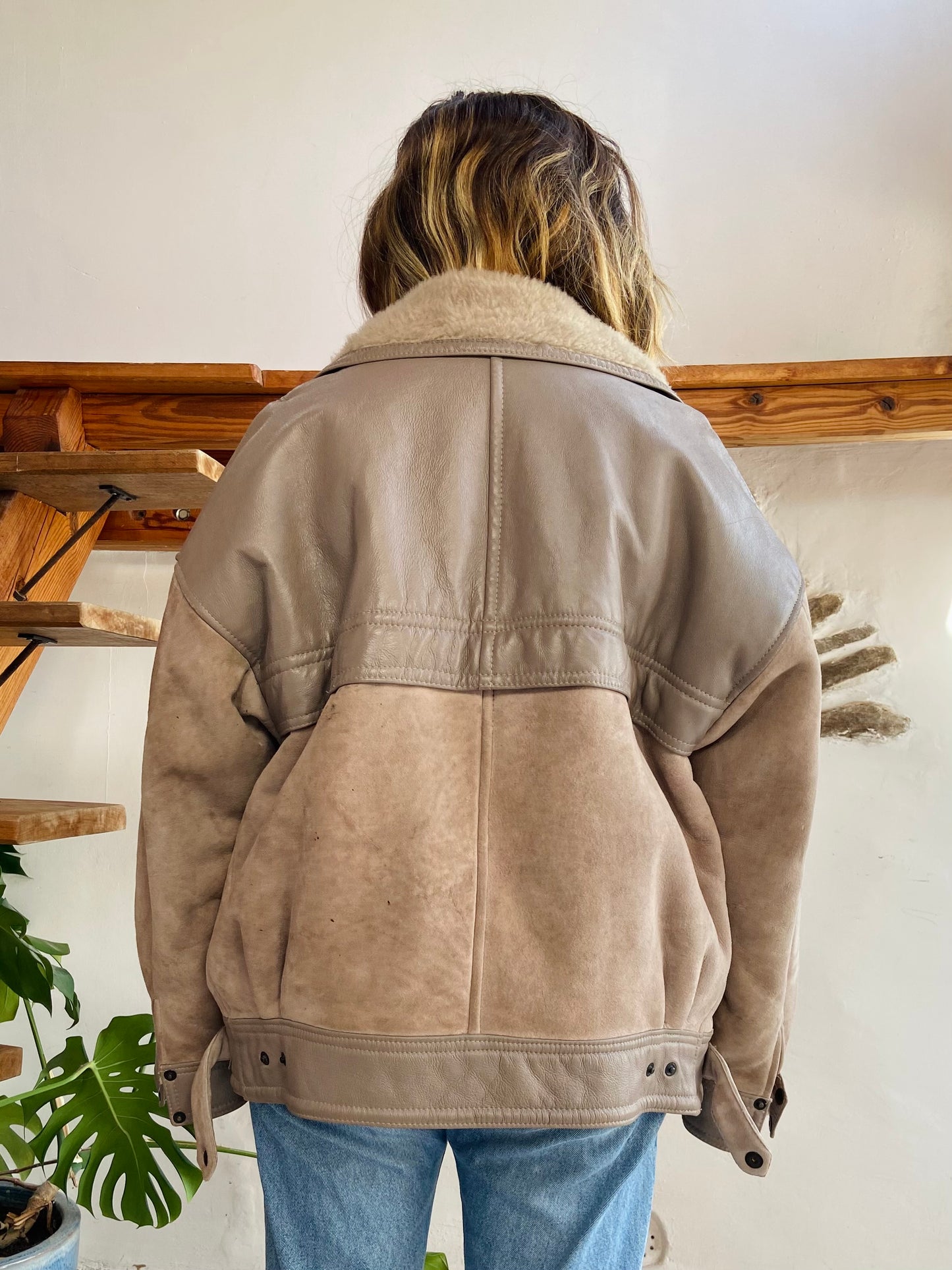 VINTAGE 80’s Sheepskin Grey Oversized Suede Coat Jacket - L/XL