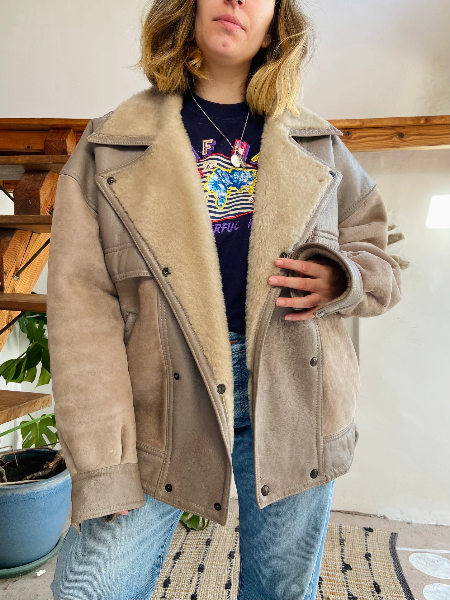 VINTAGE 80’s Sheepskin Grey Oversized Suede Coat Jacket - L/XL