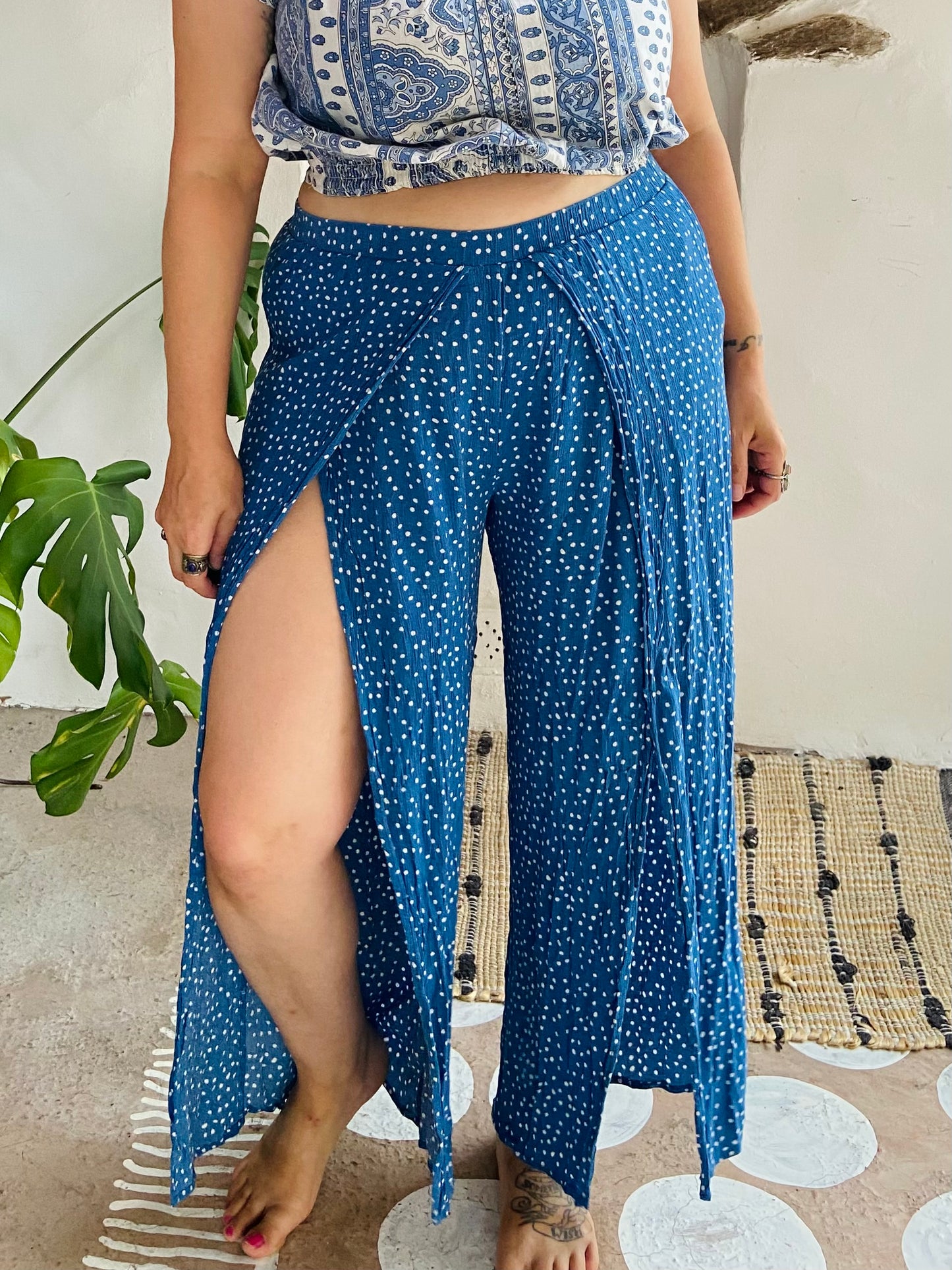 VINTAGE Blue Polkadot Slit Front Wide Leg Trousers - M