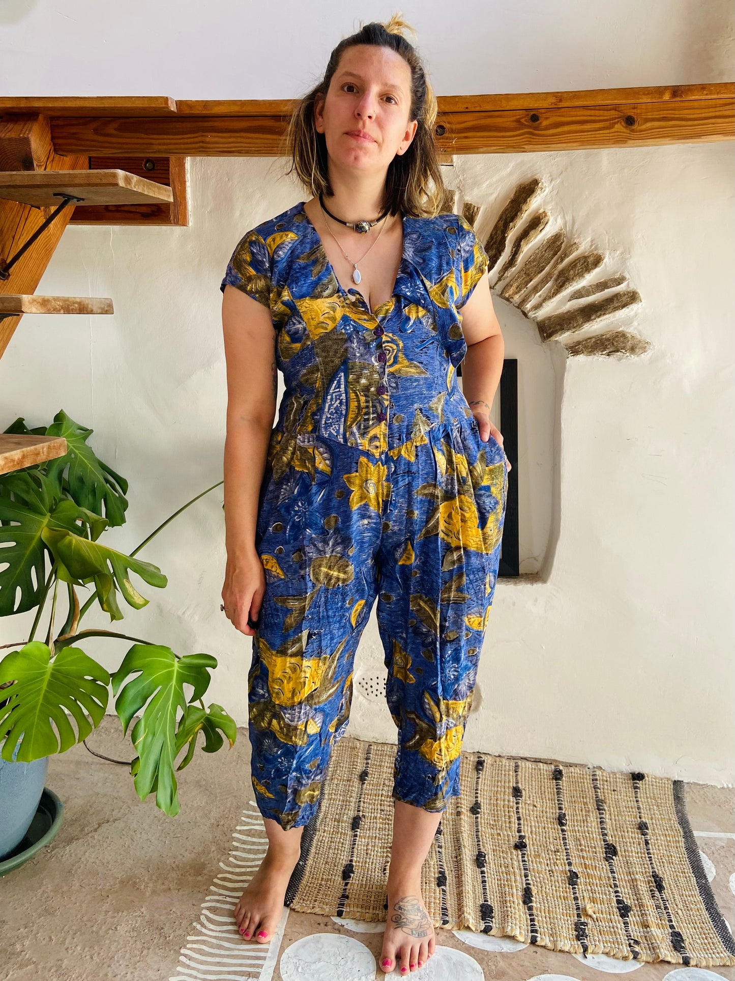 VINTAGE 80's Floral Bohemian Pattern Jumpsuit - S