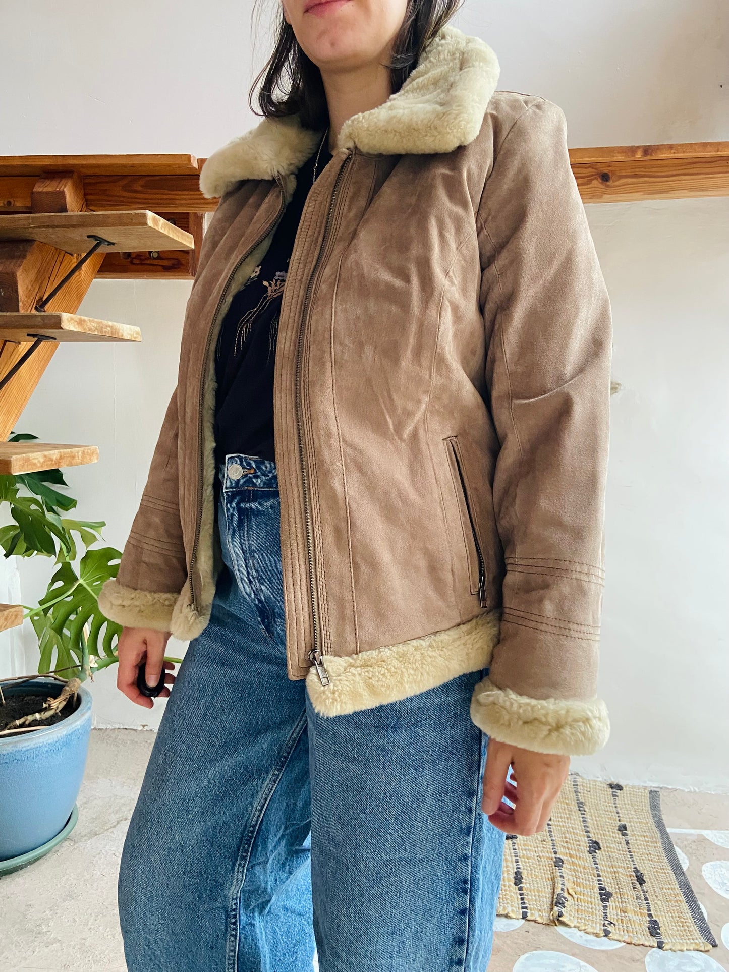VINTAGE Retro Suede Tan Faux Fur Jacket Coat - M/L