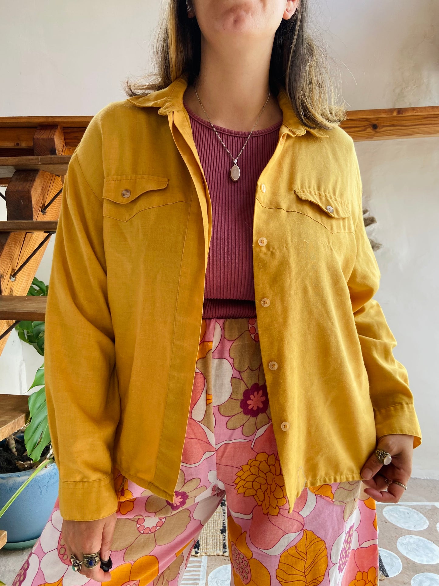 VINTAGE 70's Mustard Yellow Loose Long Sleeve Shirt - M/L
