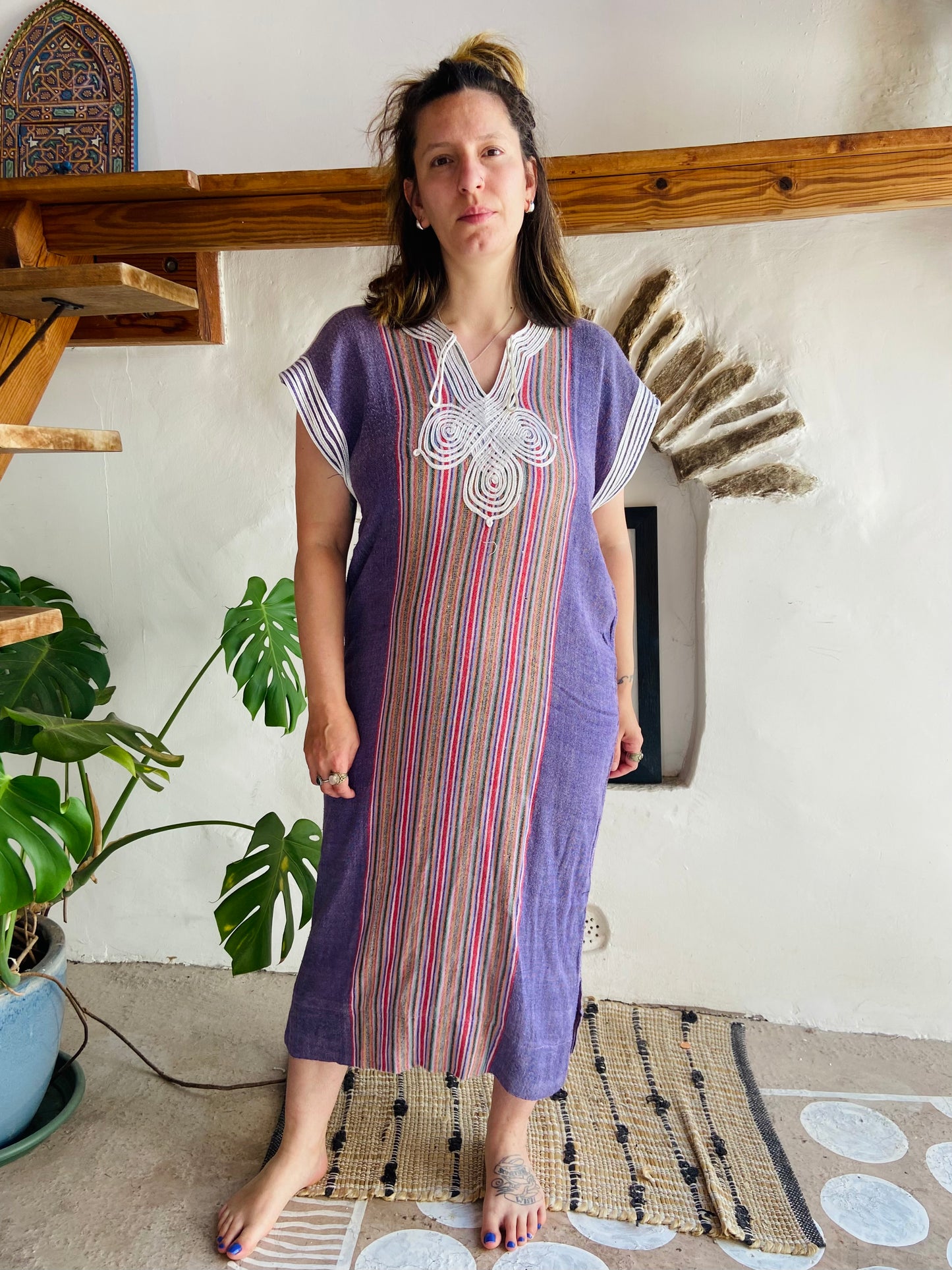 VINTAGE Bohemian Stripe Rainbow Tunic Maxi Dress - M