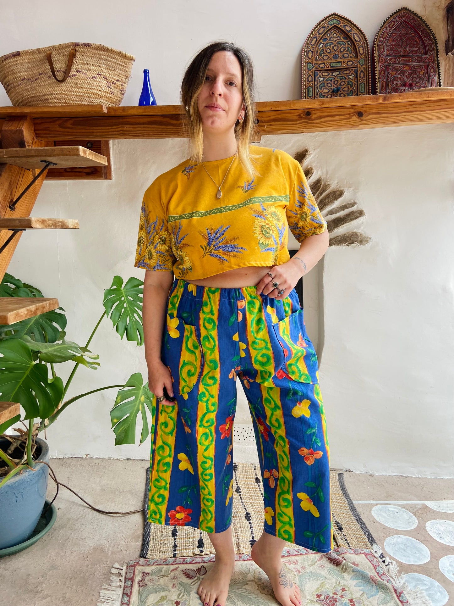 DESERT FOX Blue Floral High Waisted Wide Leg Cropped Trousers - S/M